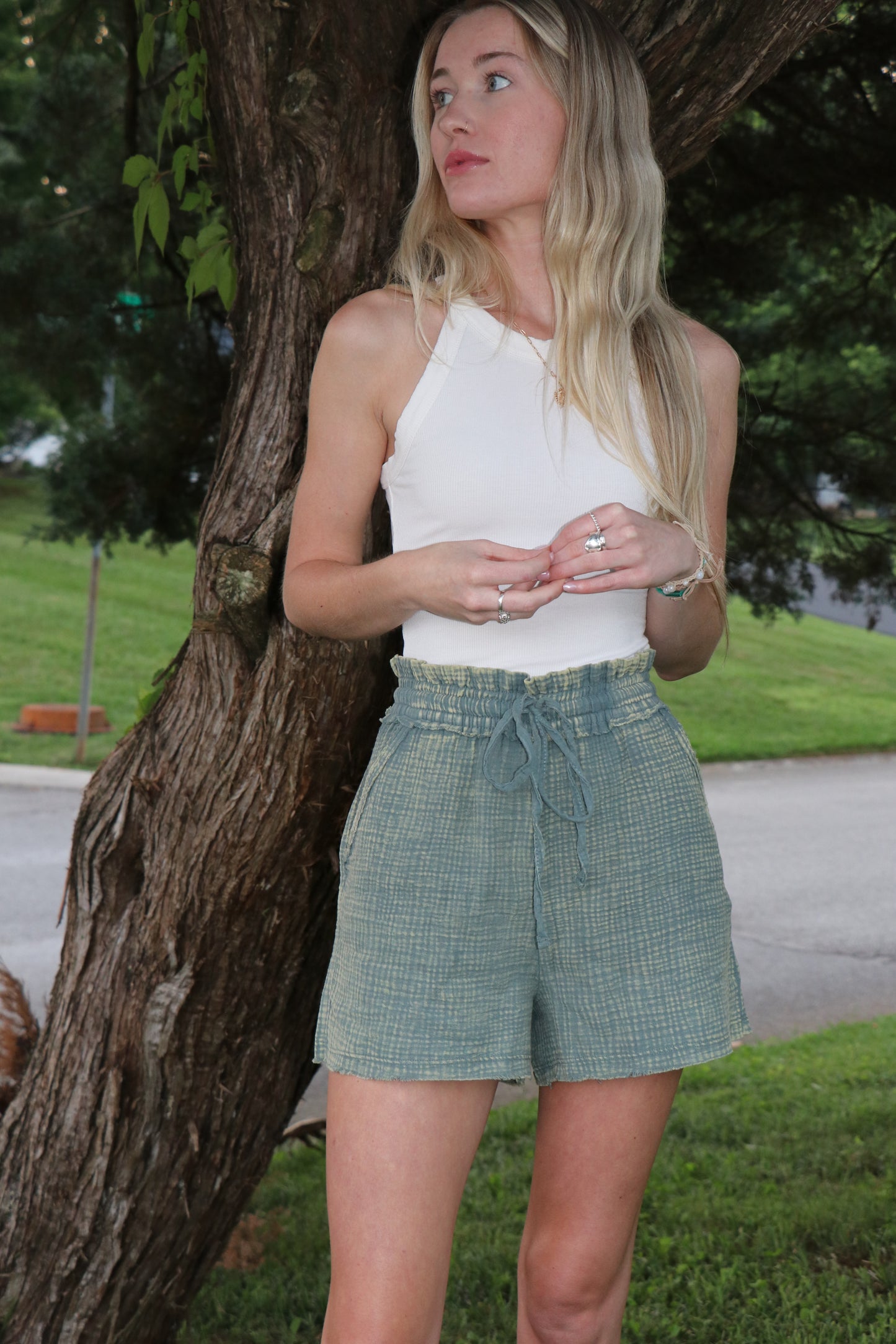 Green Washed Double Gauze Lightweight Drawstring Shorts