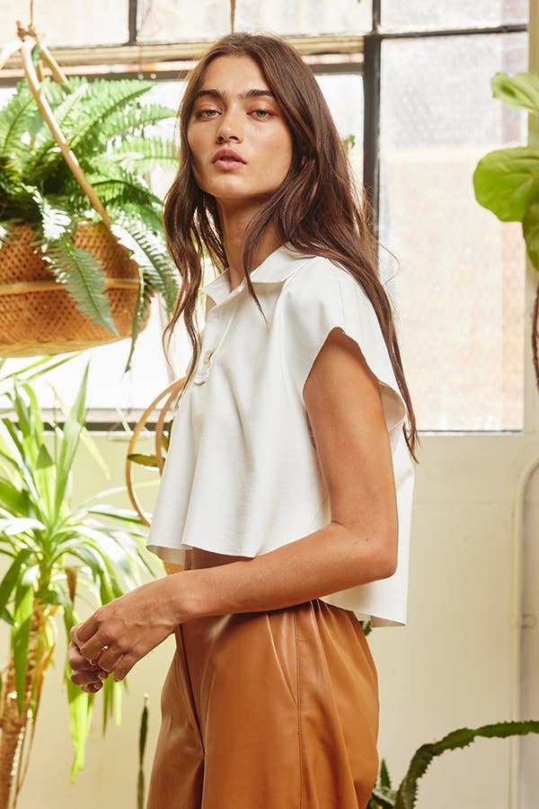 Boxy Crop Top Drop Shoulder Collared Raw Edge and Hem Ollie Top