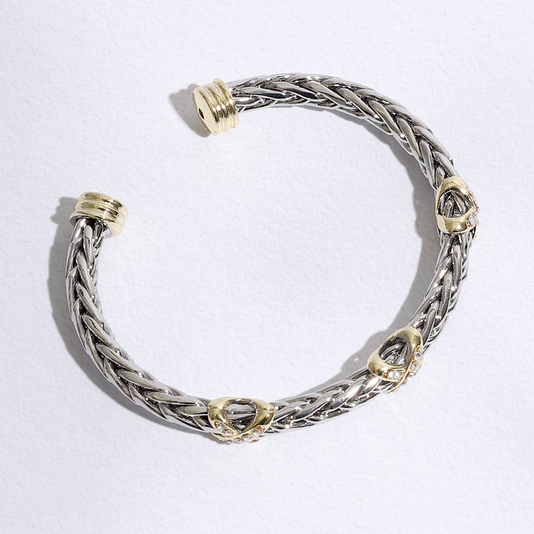 Three CZ X Stations Braided Bangle Bracelet