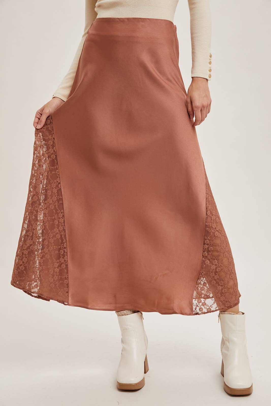 LACE TRIMMED MID-RISE SATIN MIDI SKIRT