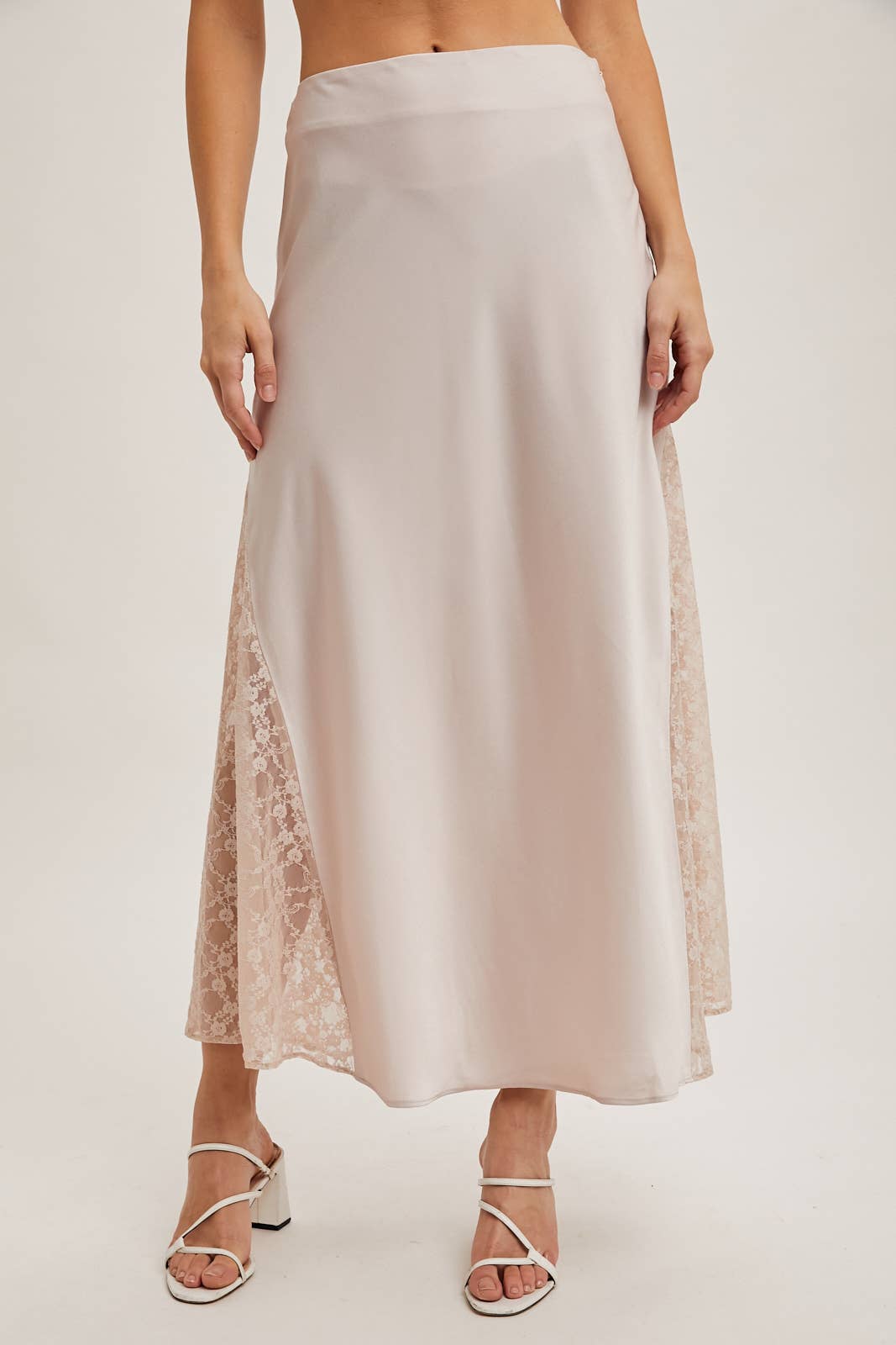 LACE TRIMMED MID-RISE SATIN MIDI SKIRT