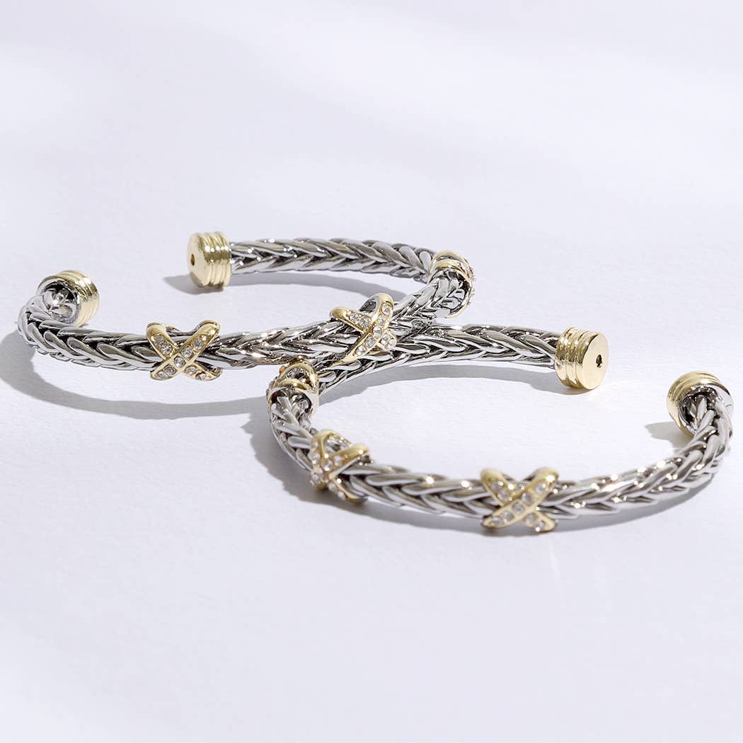 Three CZ X Stations Braided Bangle Bracelet