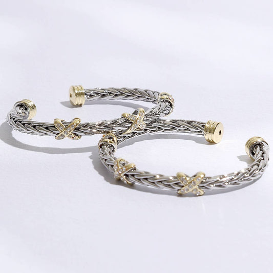 Three CZ X Stations Braided Bangle Bracelet