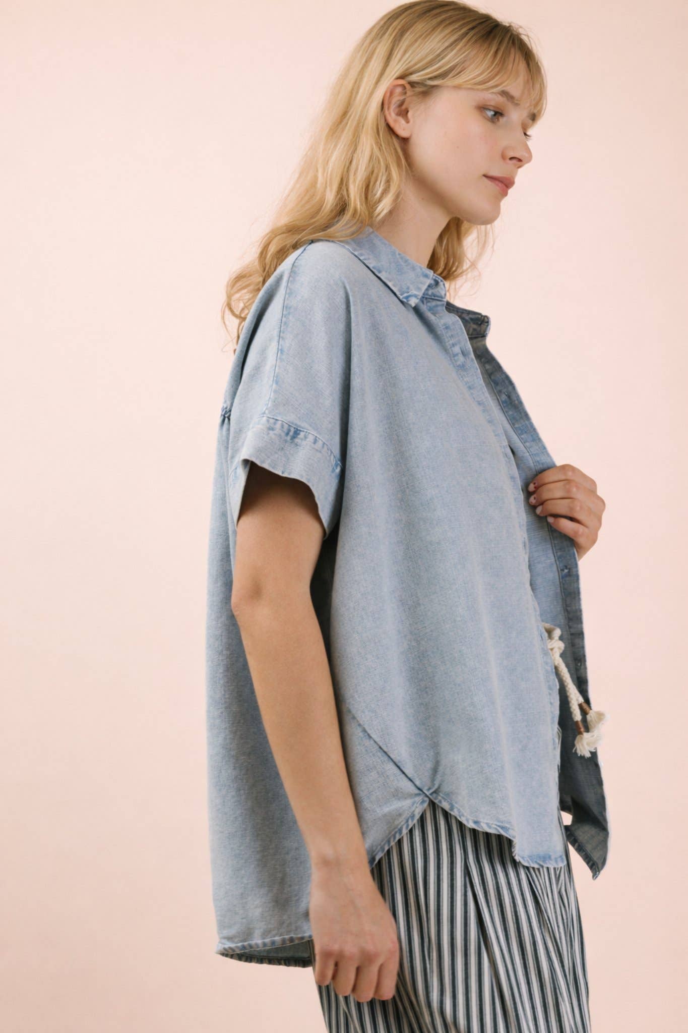 Oversized Chambray Denim Shirt | Mineral Washed Button Down Top
