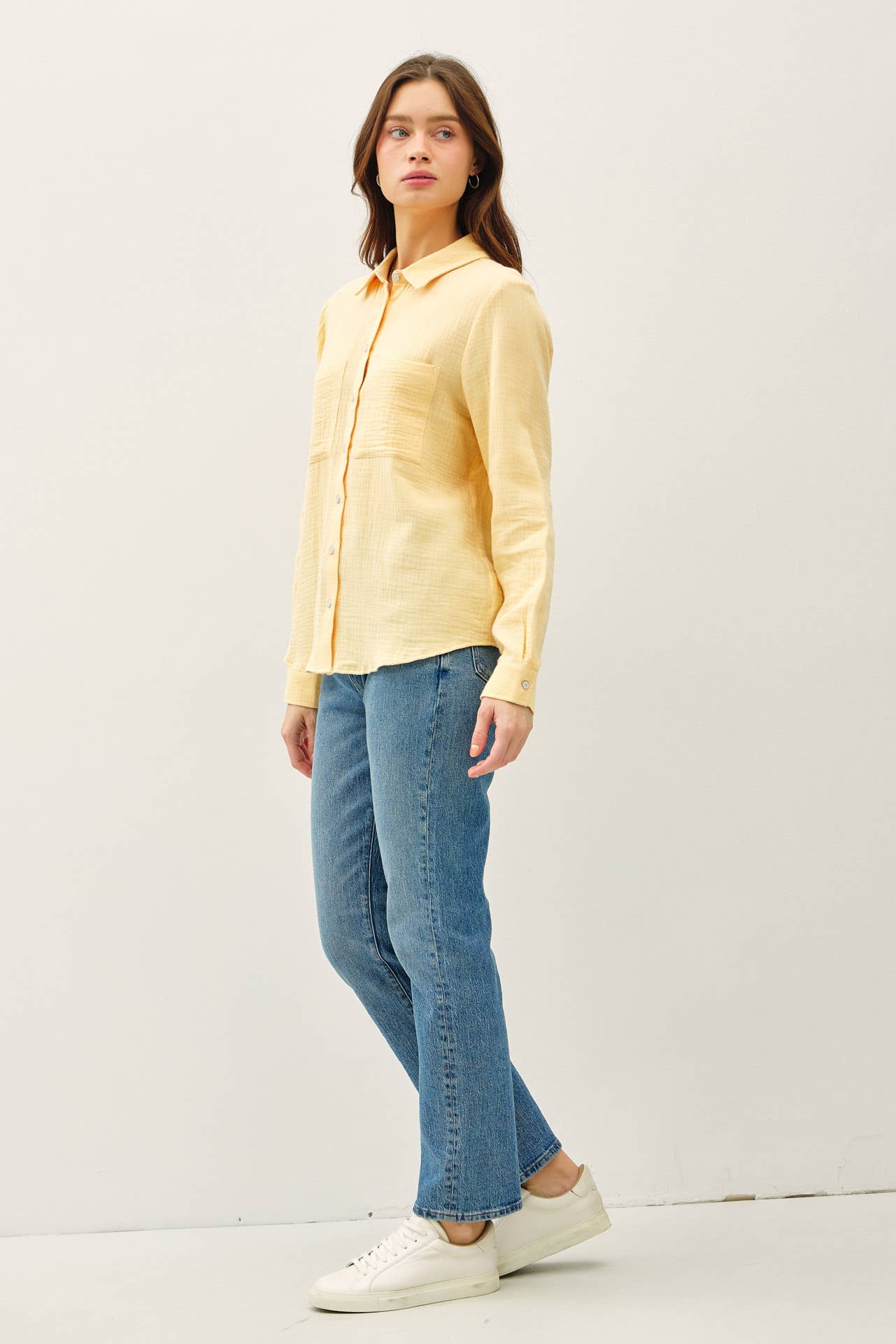Beach Banana Cotton Gauze Button Up Long Sleeve Top
