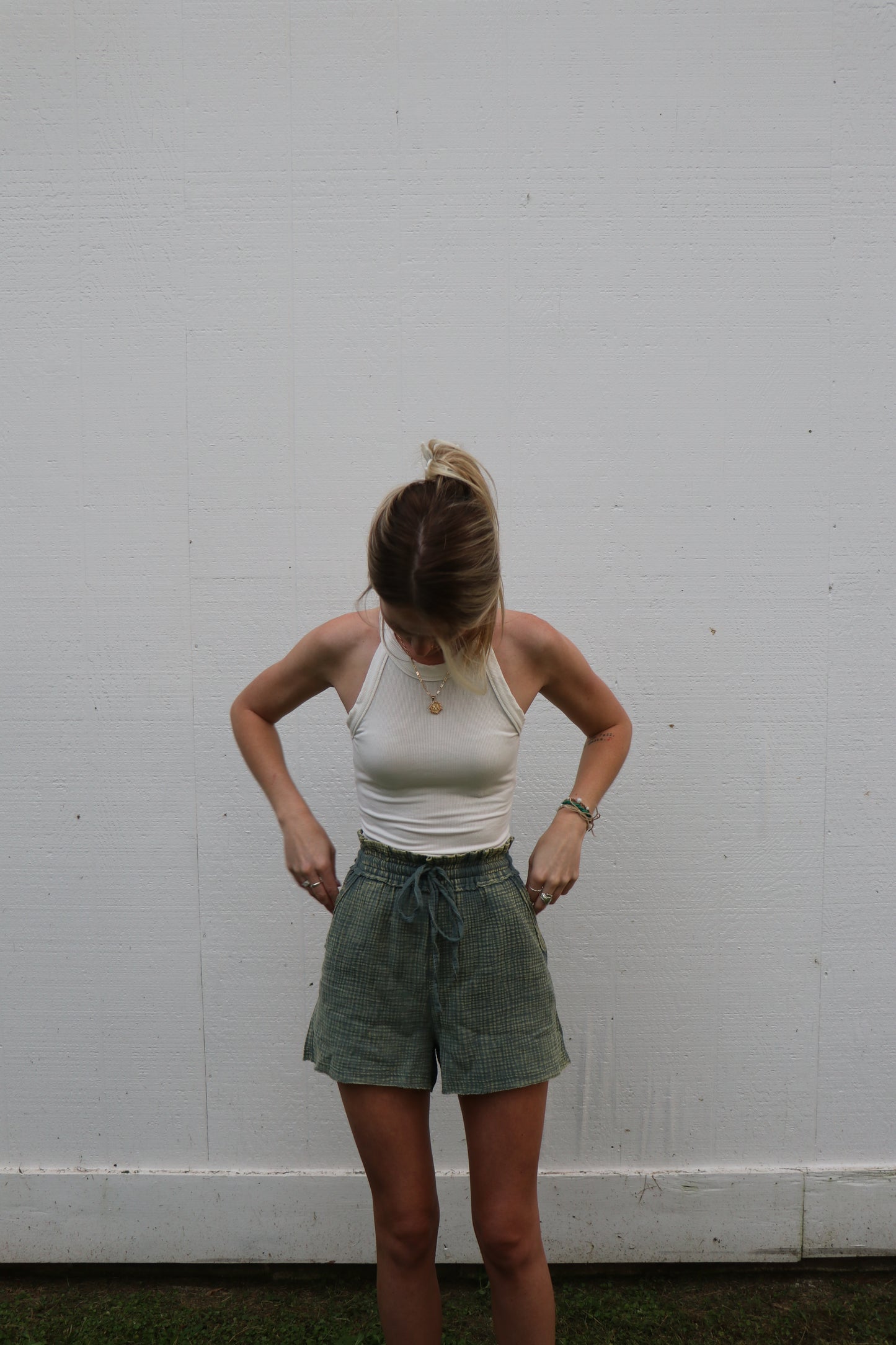 Green Washed Double Gauze Lightweight Drawstring Shorts