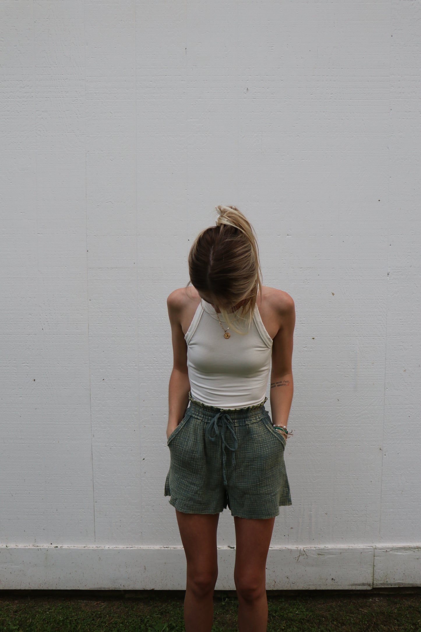 Green Washed Double Gauze Lightweight Drawstring Shorts