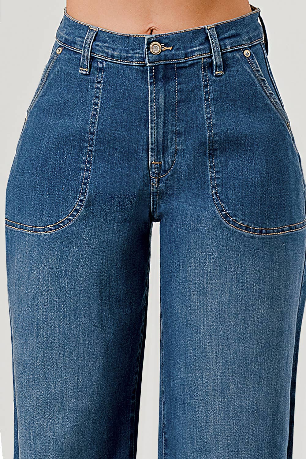 Medium Wash High Rise Patched Pocket Wide Leg Jeans