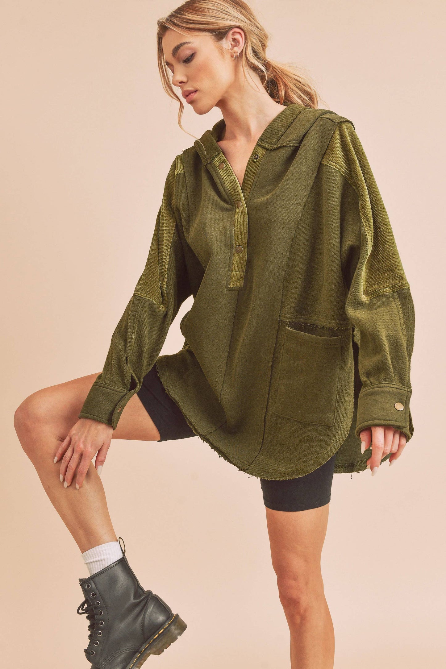 Mix Media Button Up Hooded Pullover