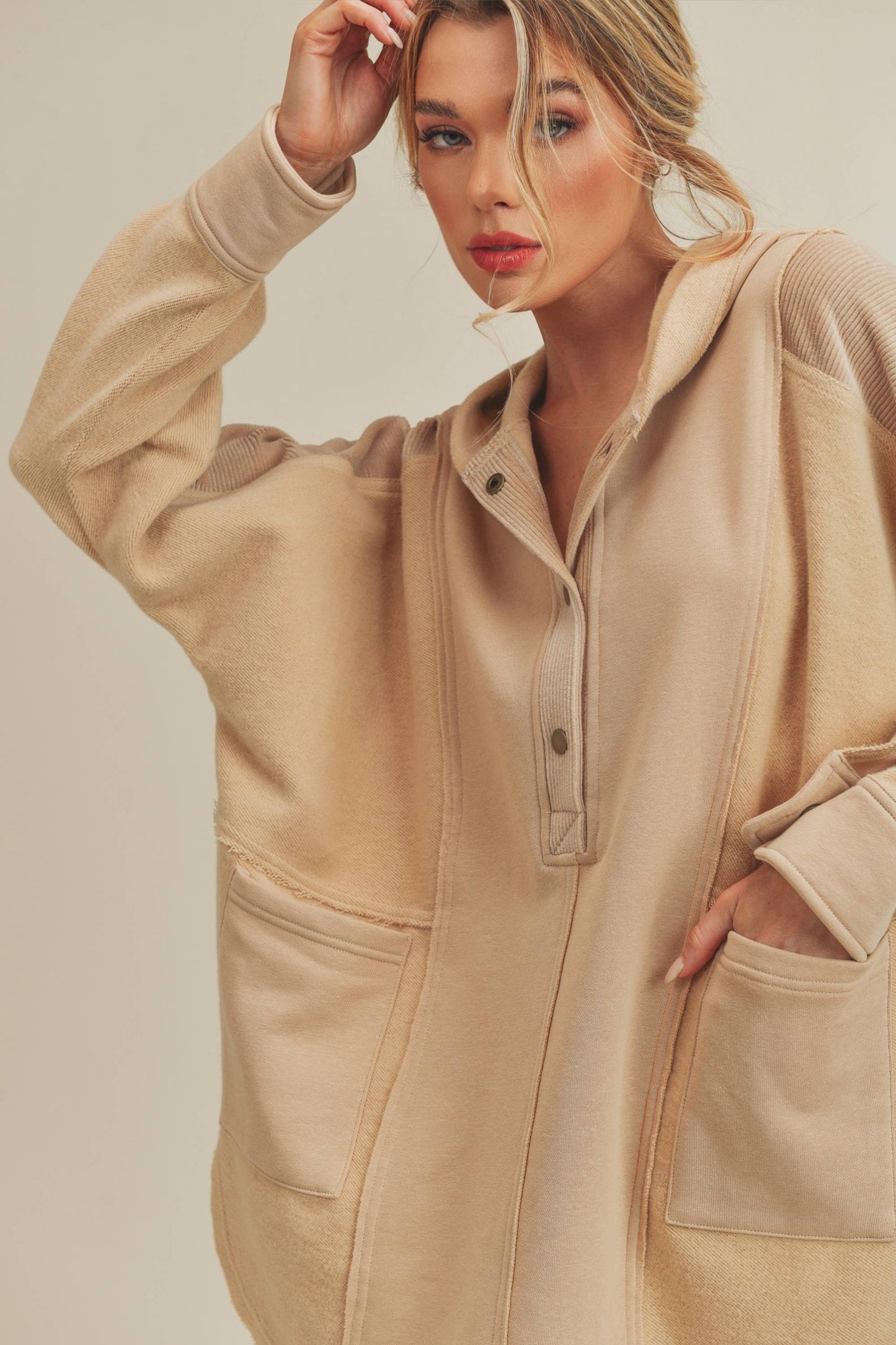 Mix Media Button Up Hooded Pullover