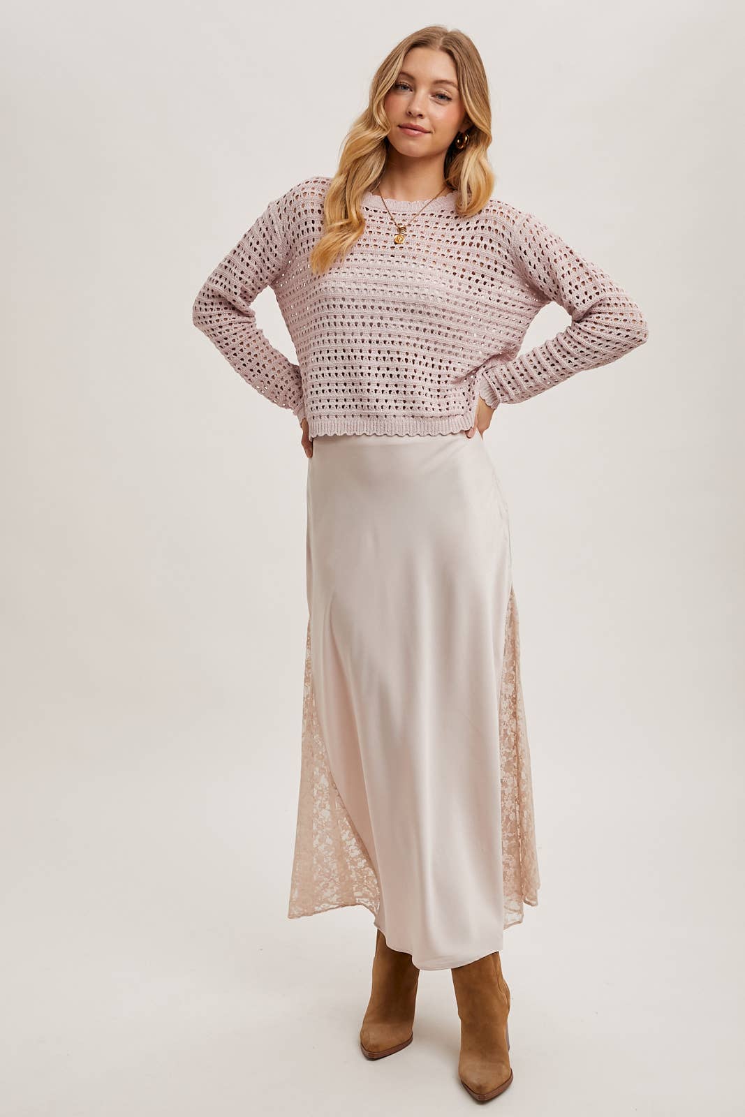 LACE TRIMMED MID-RISE SATIN MIDI SKIRT