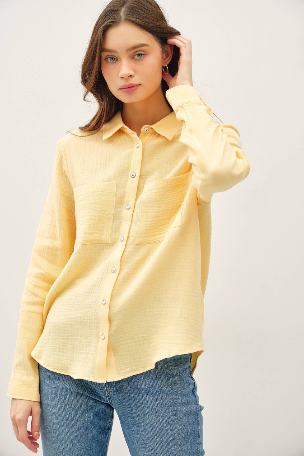 Beach Banana Cotton Gauze Button Up Long Sleeve Top