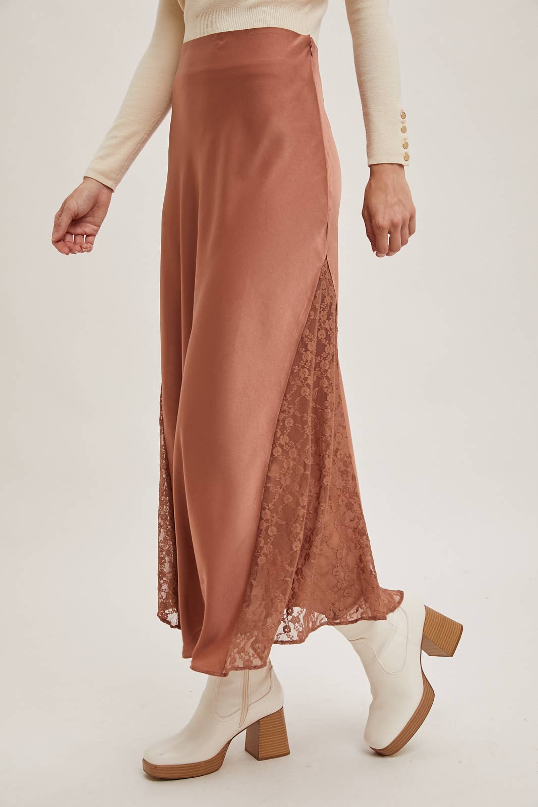 LACE TRIMMED MID-RISE SATIN MIDI SKIRT