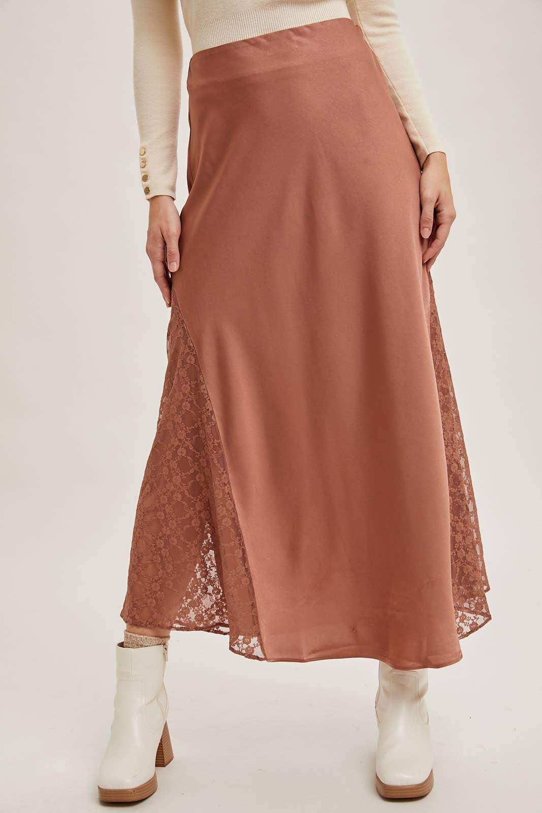 LACE TRIMMED MID-RISE SATIN MIDI SKIRT