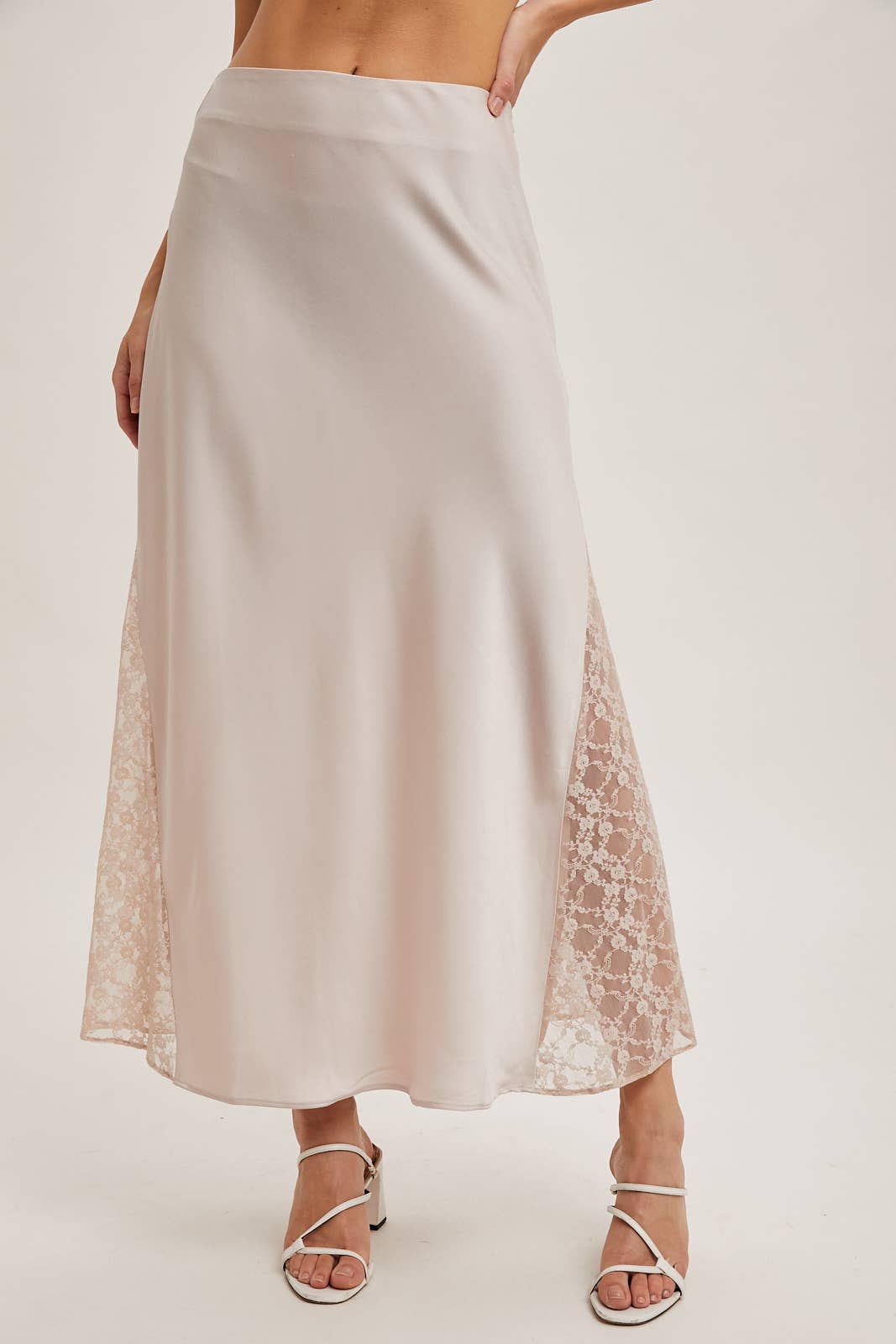 LACE TRIMMED MID-RISE SATIN MIDI SKIRT