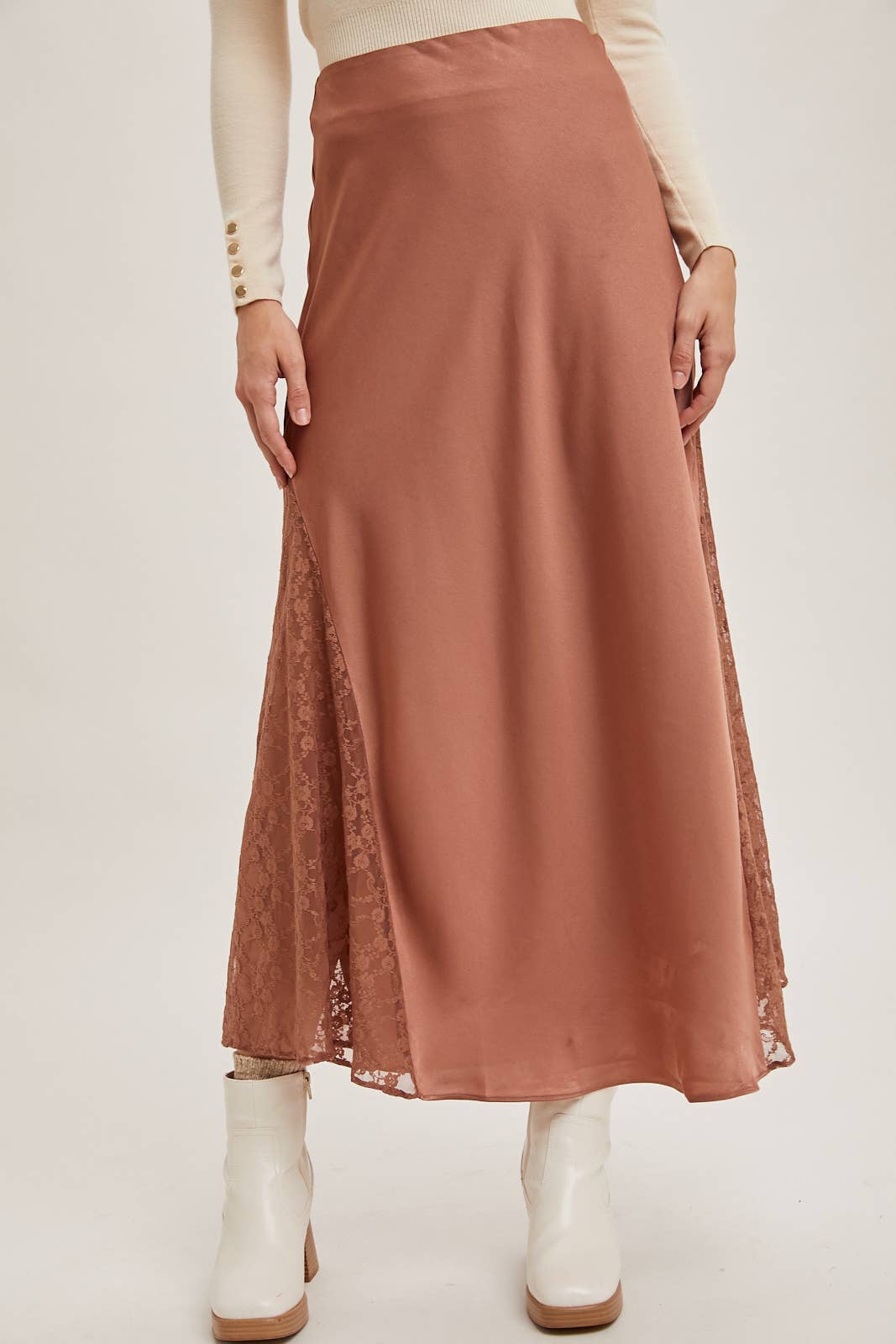 LACE TRIMMED MID-RISE SATIN MIDI SKIRT