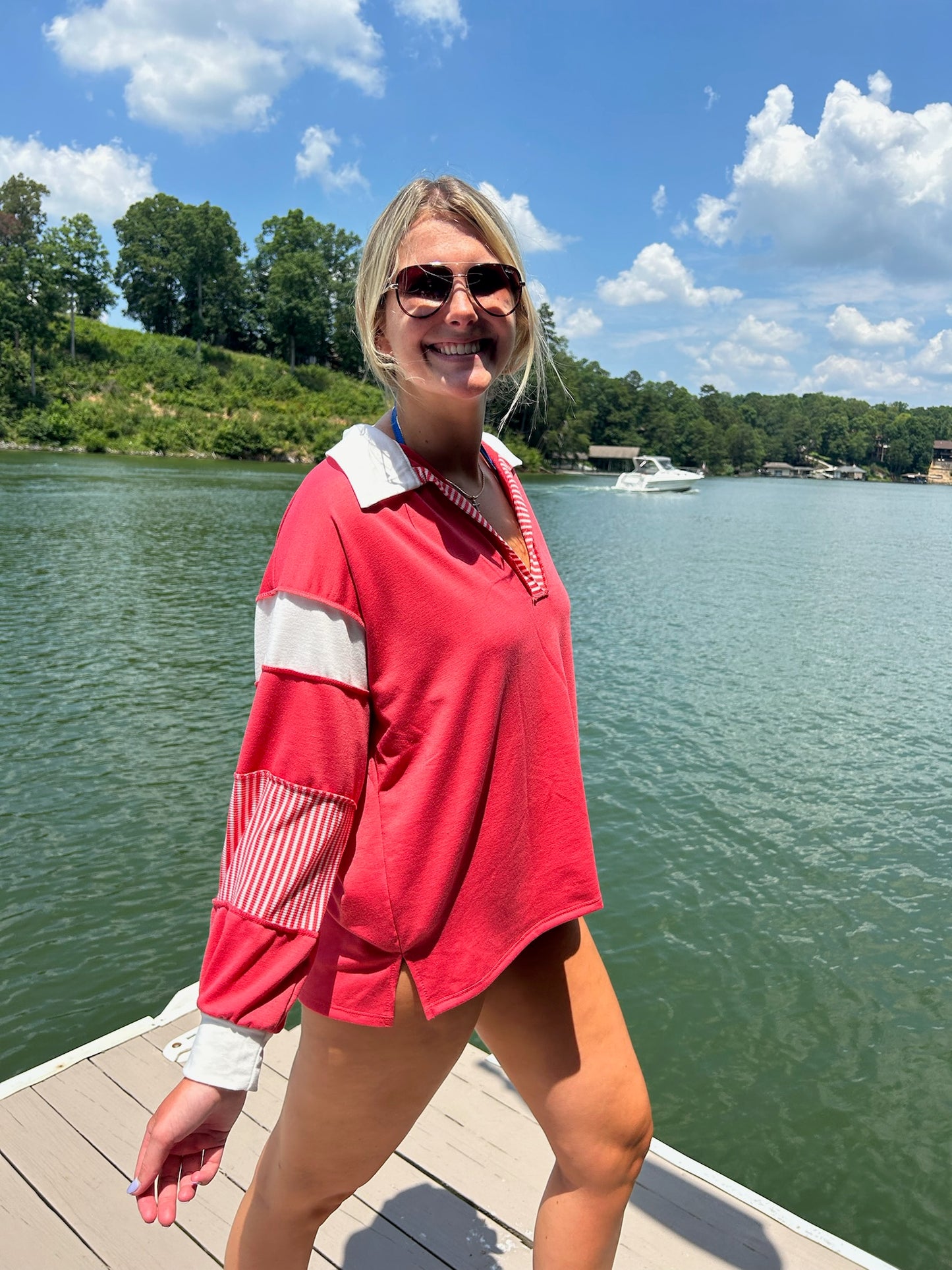 Callie Contrast Stitch Collared Long Sleeve Top