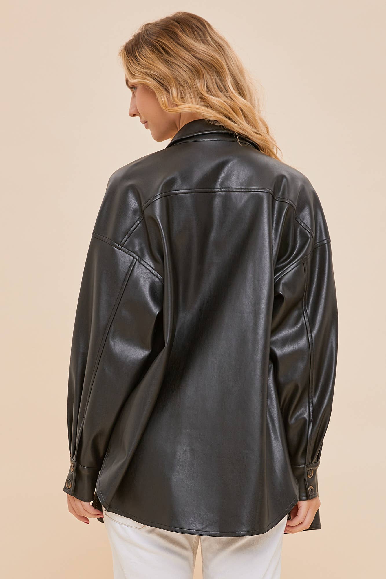 Leather Square Pocket Button Down Shirt Jacket