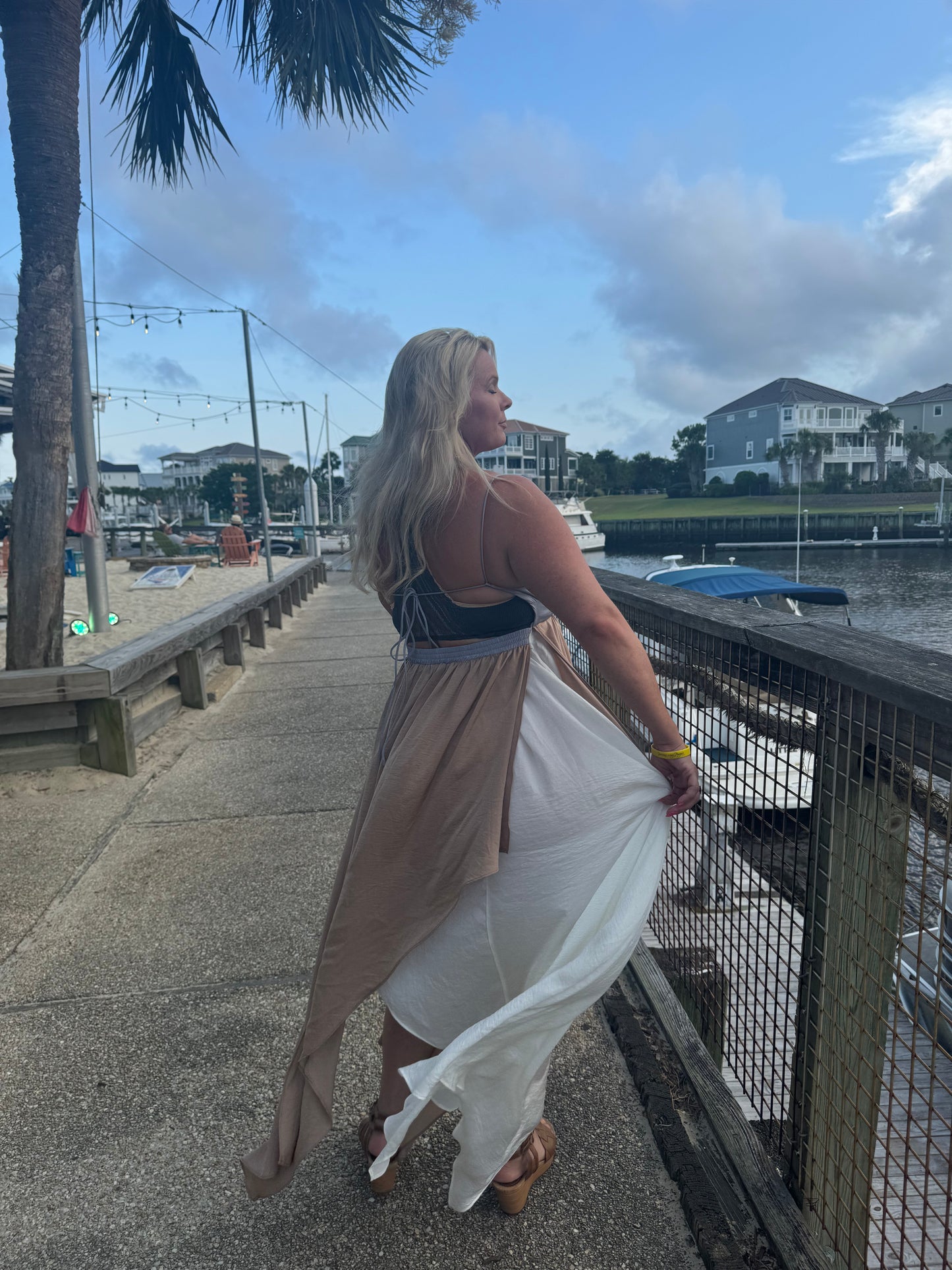 Madeline Open-Back Satin Colorblock Tulip Maxi Dress