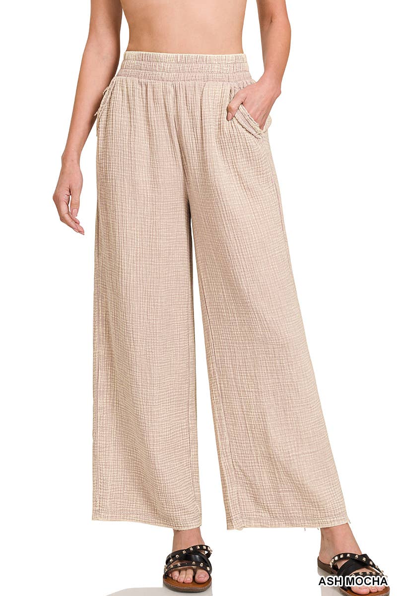 Sand Washed Double Gauze Elastic Band Waist Flow Pants