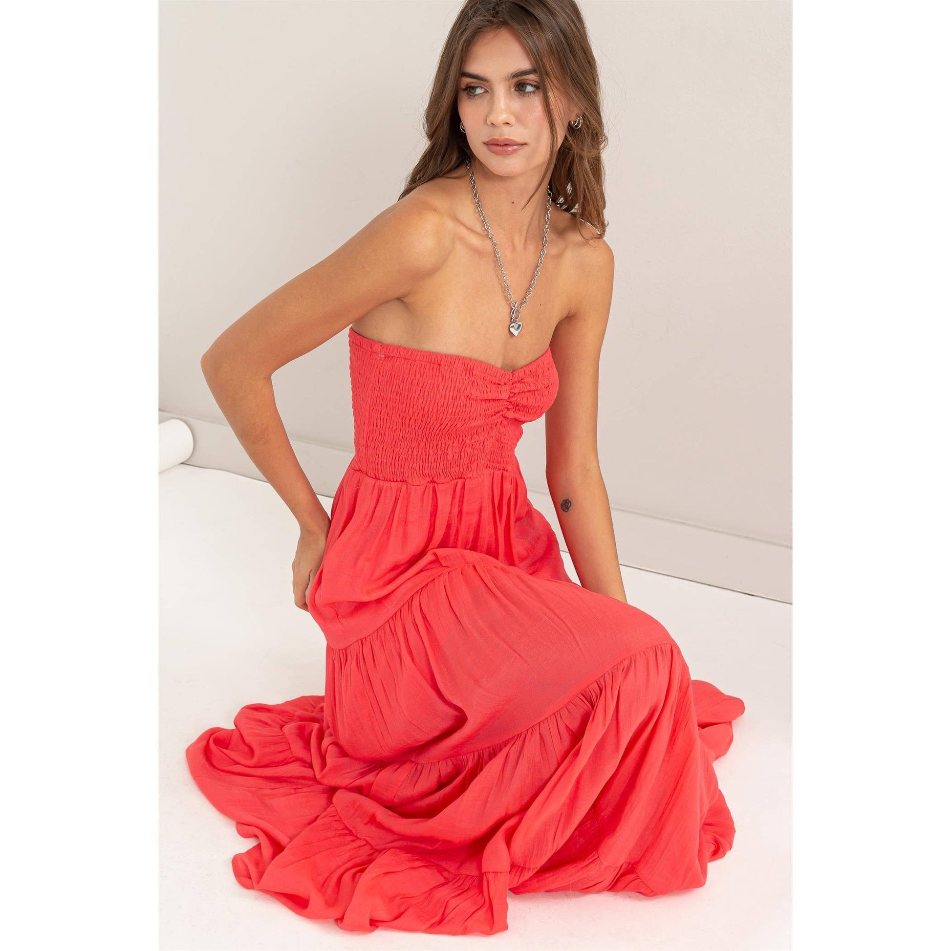 Smocked Strapless Tube Top Tiered Flowy Coral Maxi Dress