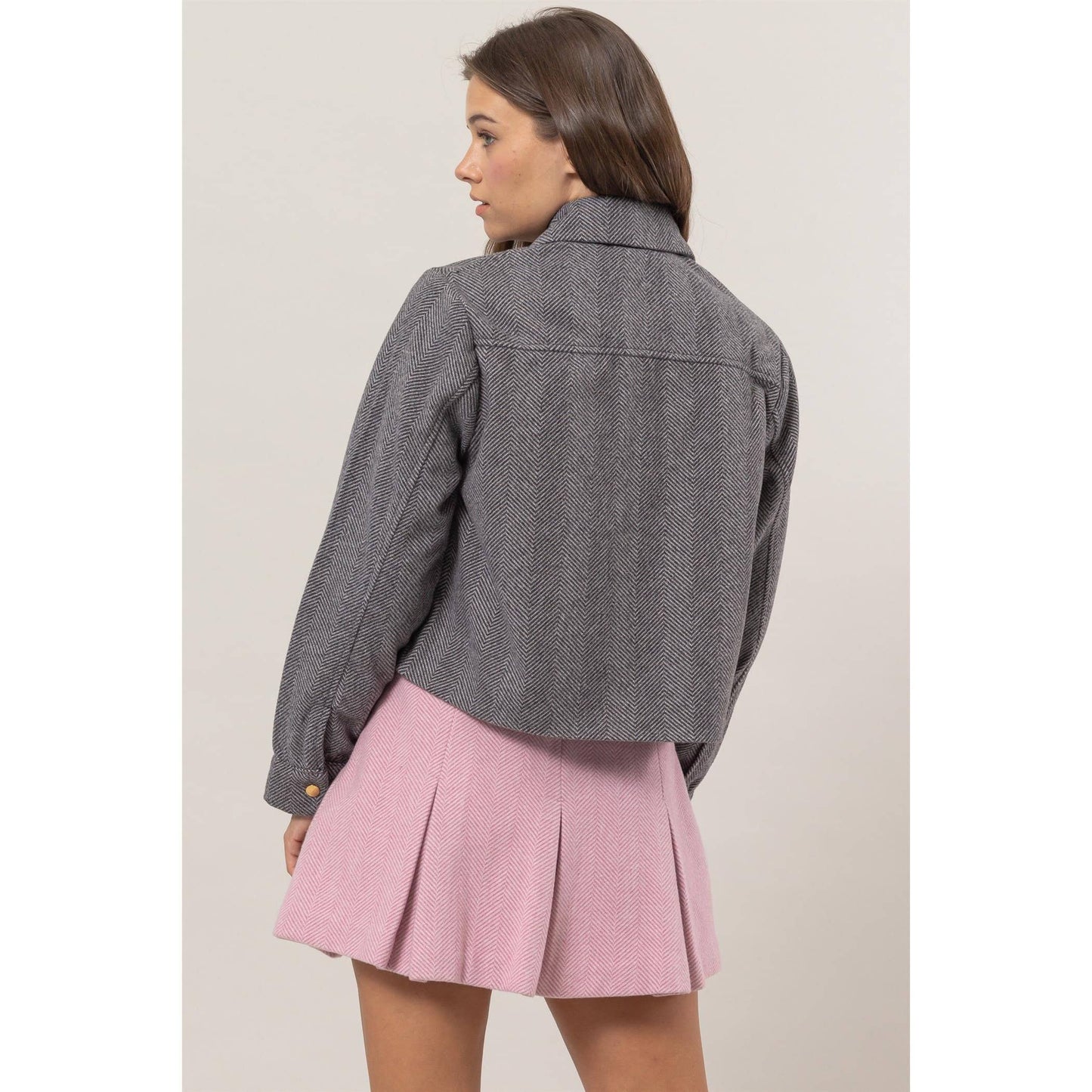 Herringbone Crop Button Down Jacket