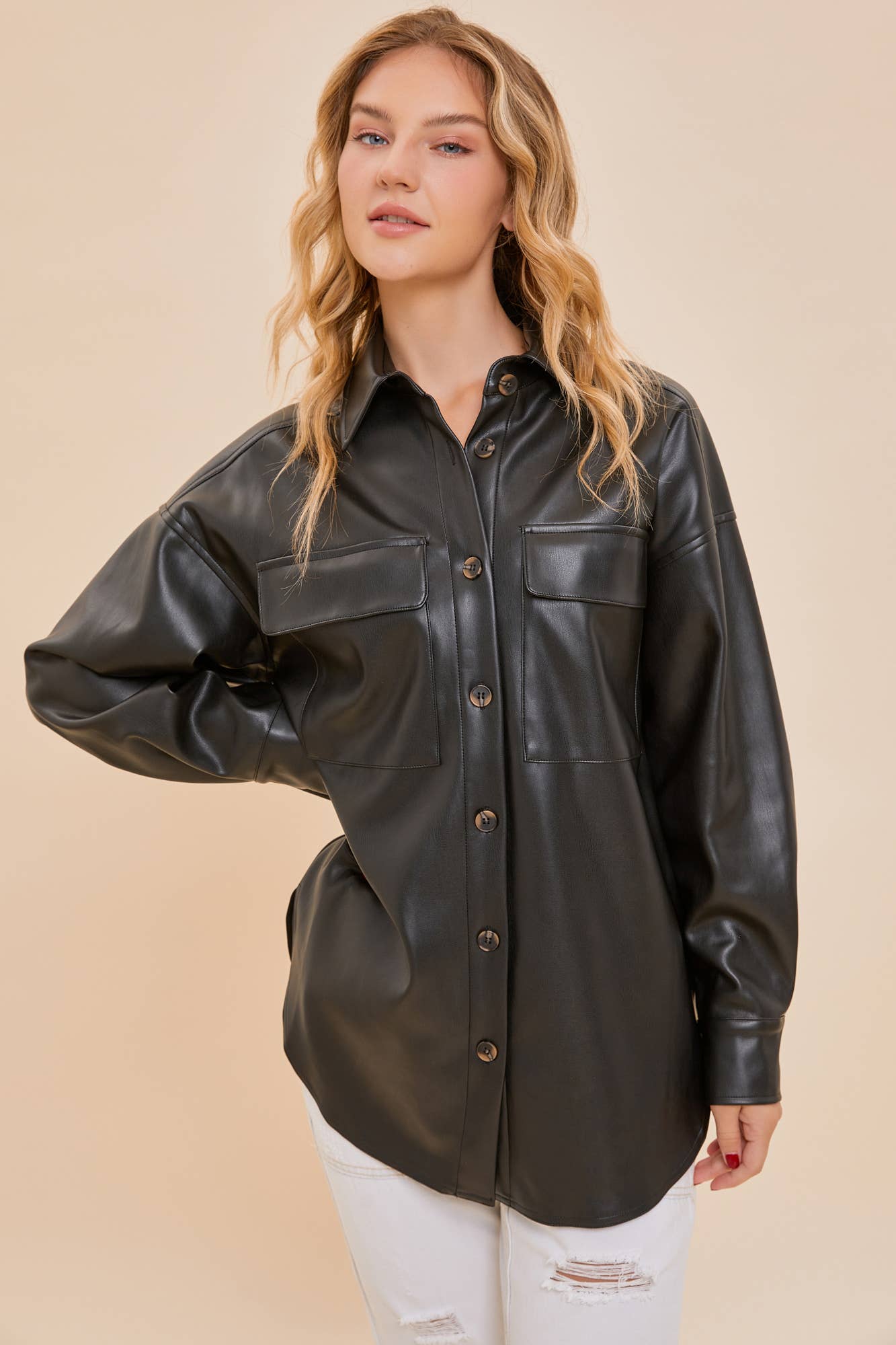 Leather Square Pocket Button Down Shirt Jacket