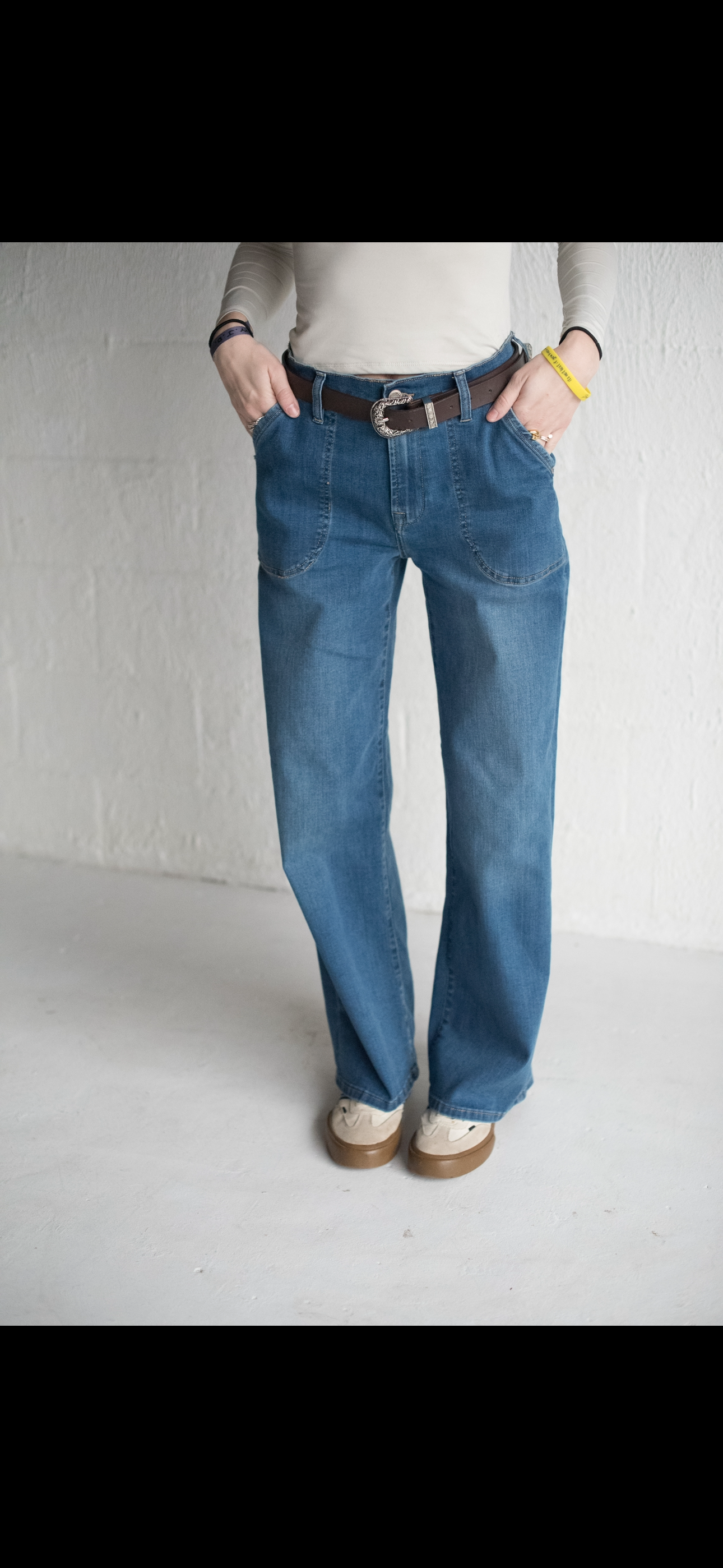 Medium Wash High Rise Patched Pocket Wide Leg Jeans