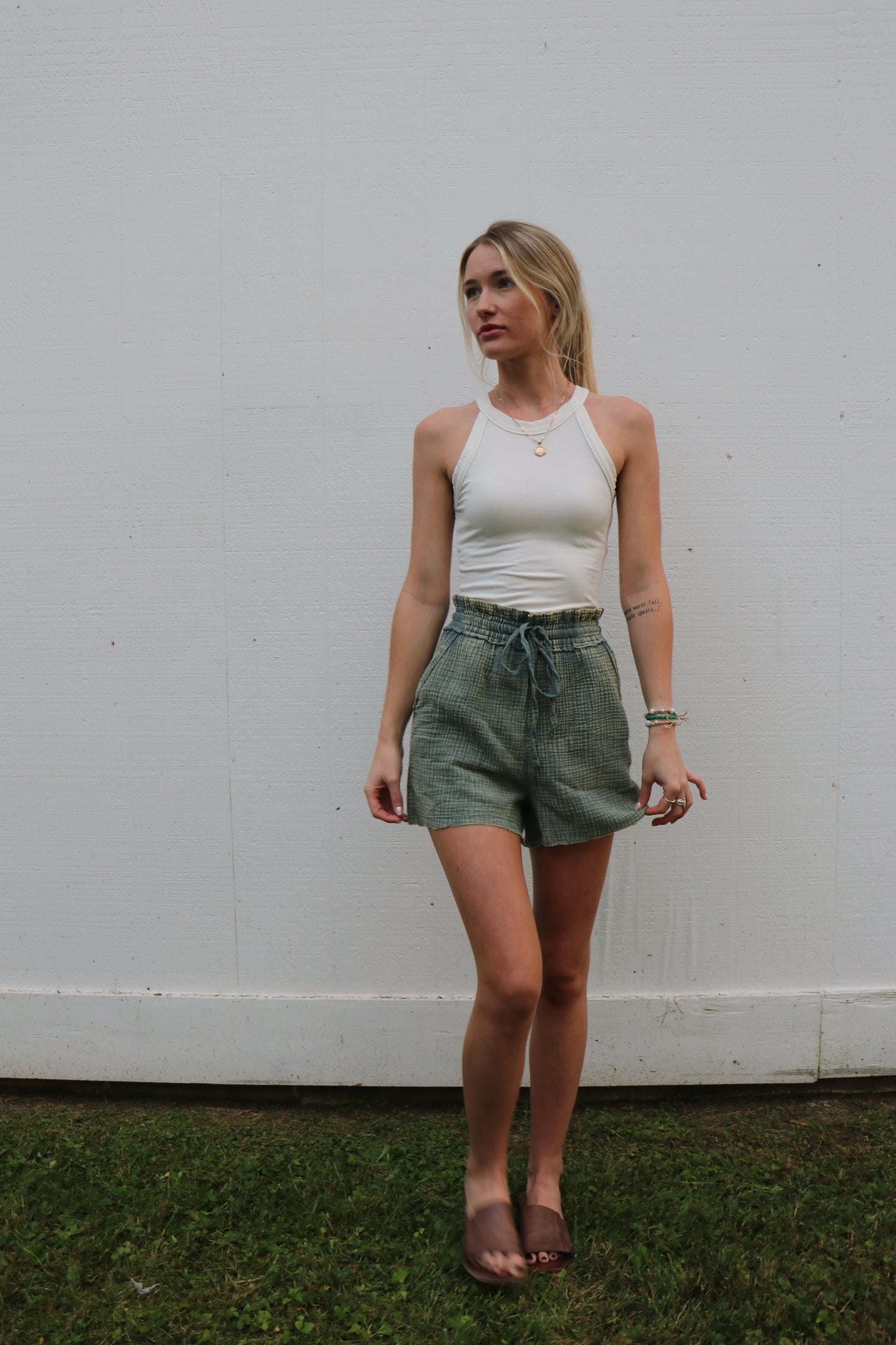 Green Washed Double Gauze Lightweight Drawstring Shorts