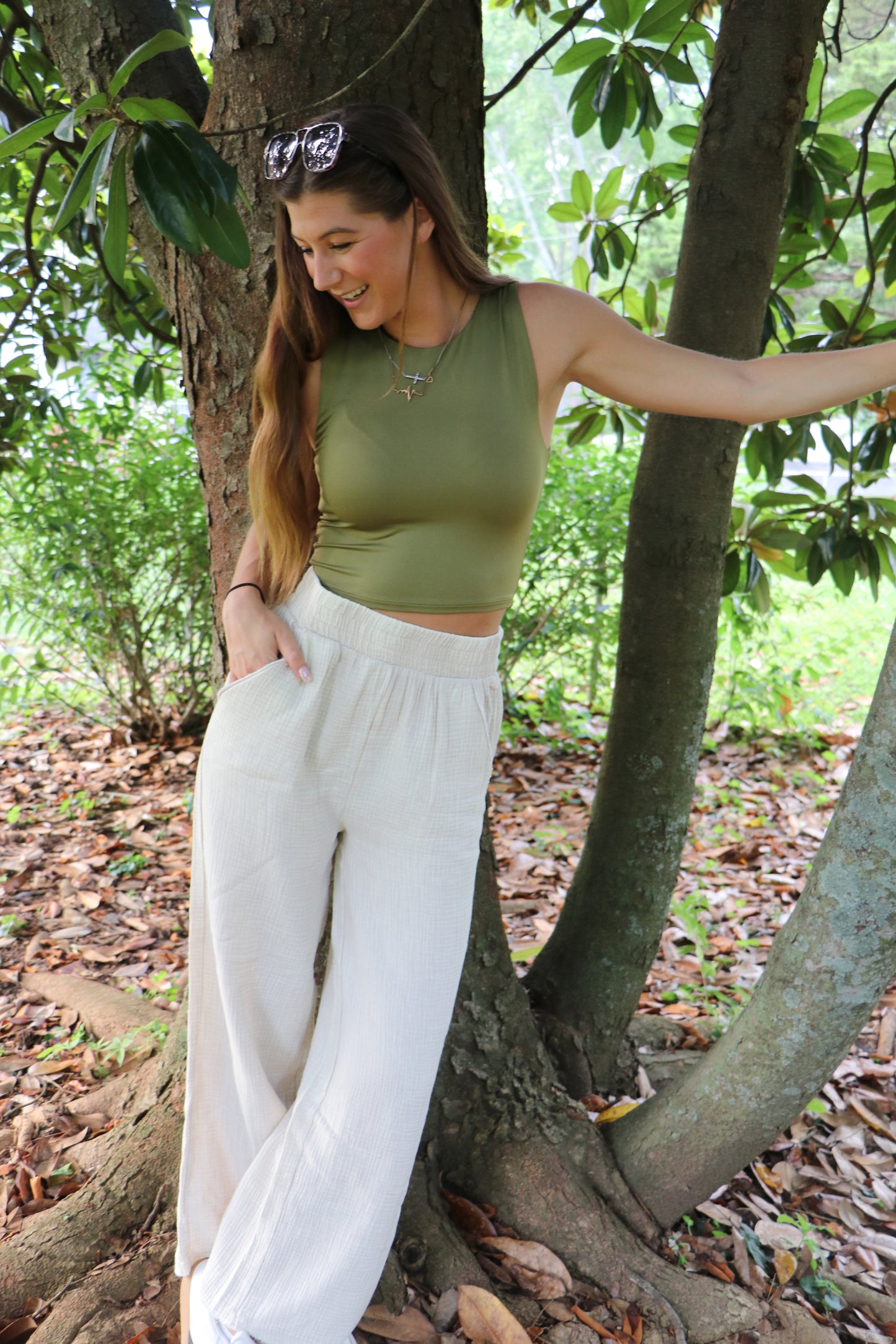 Sand Washed Double Gauze Elastic Band Waist Flow Pants