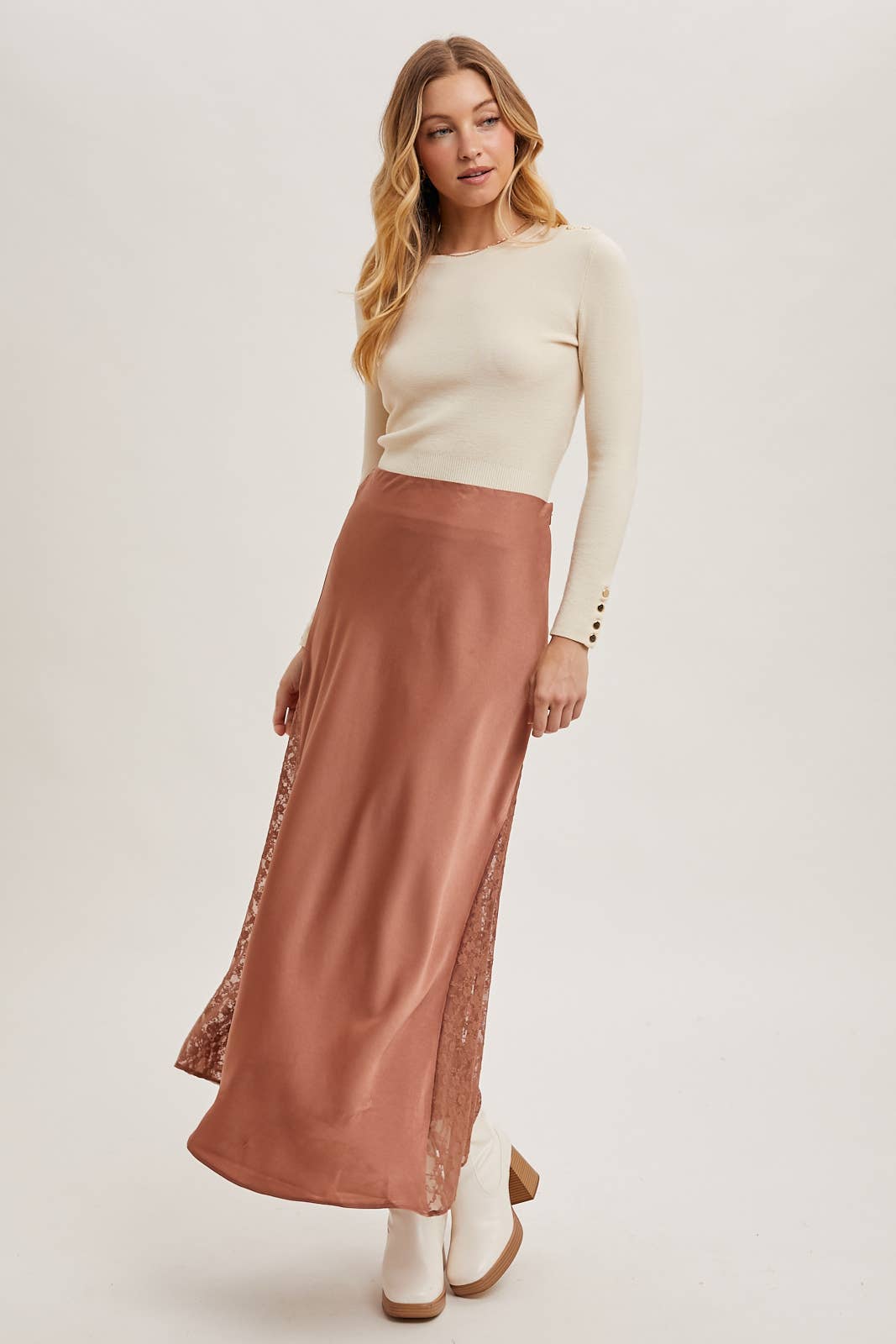 LACE TRIMMED MID-RISE SATIN MIDI SKIRT