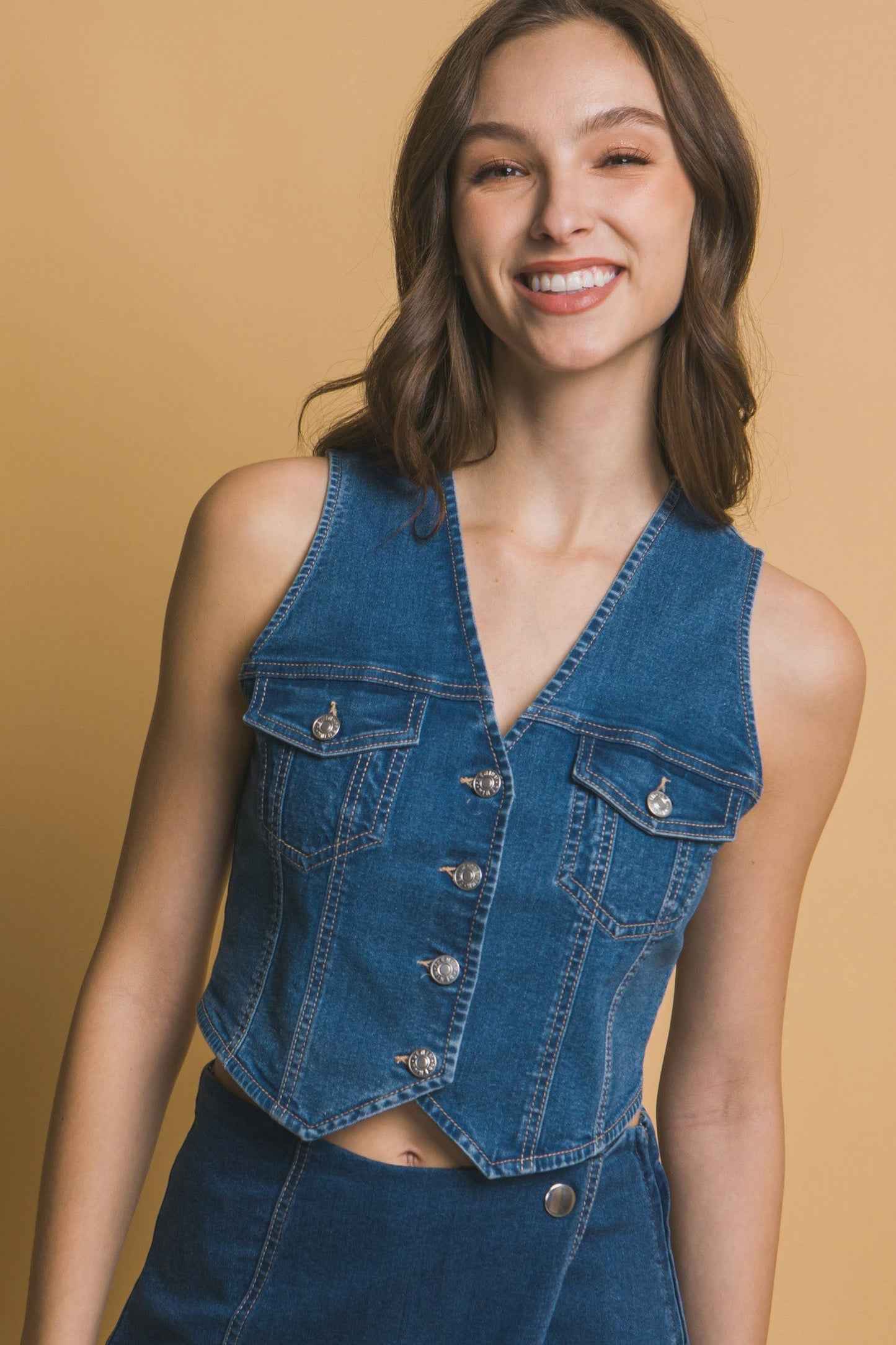 Structured Sleeveless Denim Button Up Vest