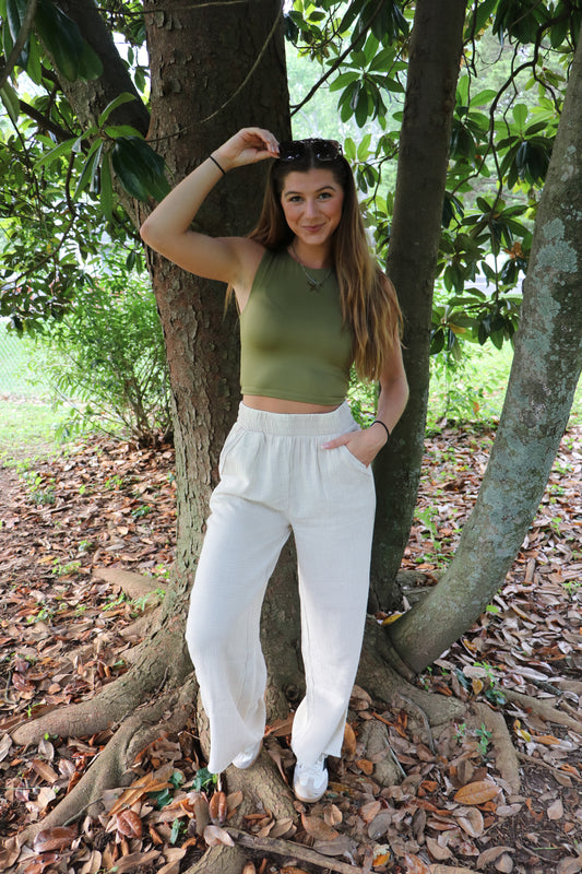 Sand Washed Double Gauze Elastic Band Waist Flow Pants