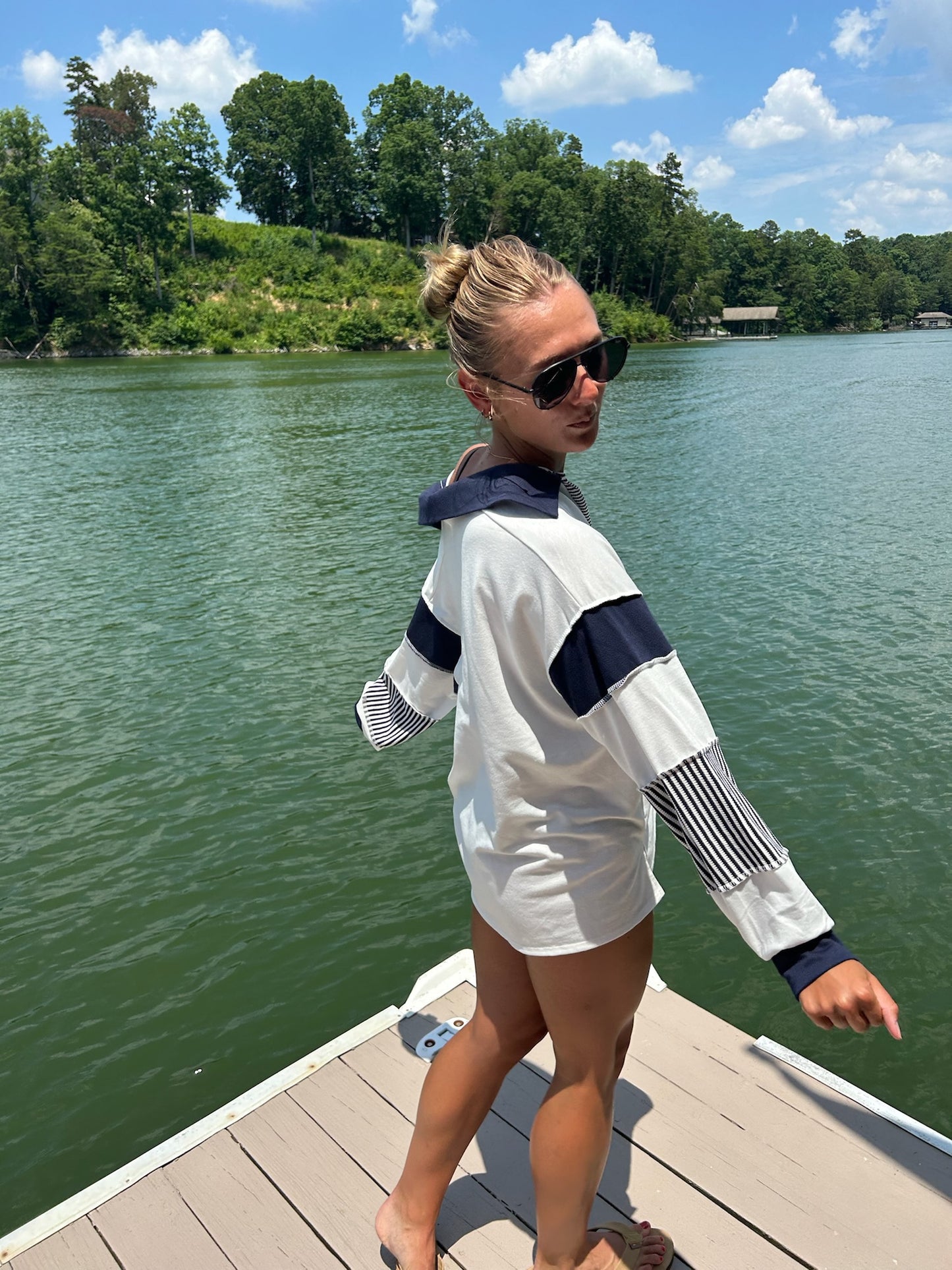 Callie Contrast Stitch Collared Long Sleeve Top