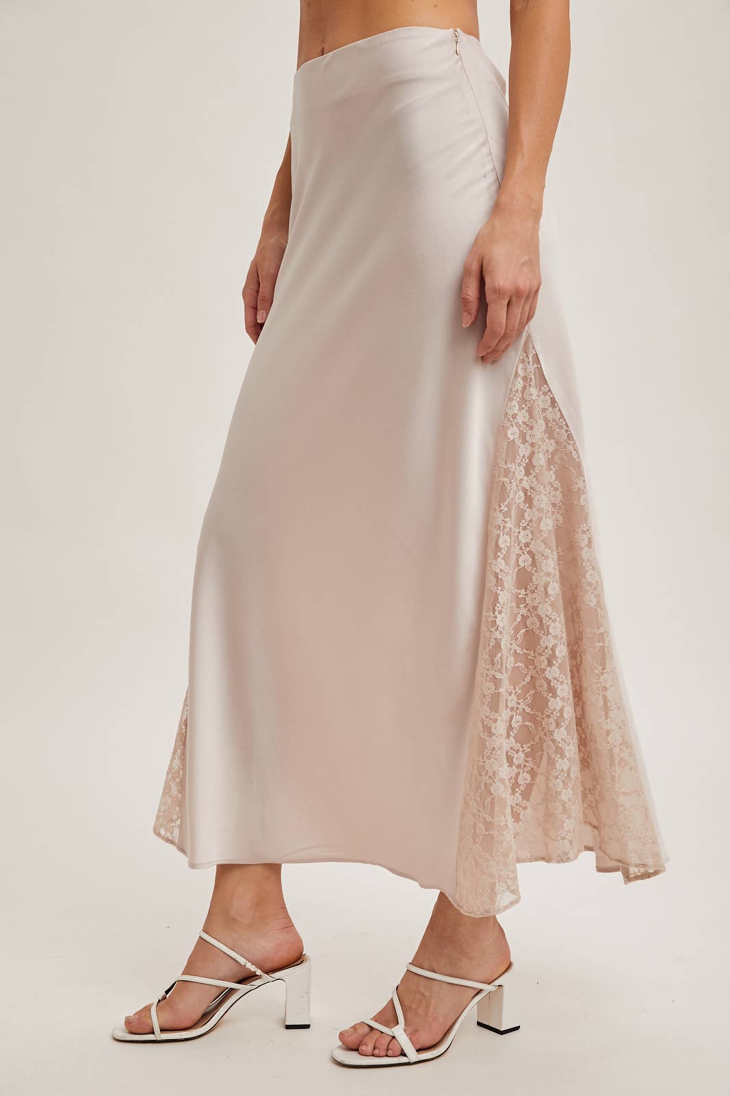 LACE TRIMMED MID-RISE SATIN MIDI SKIRT