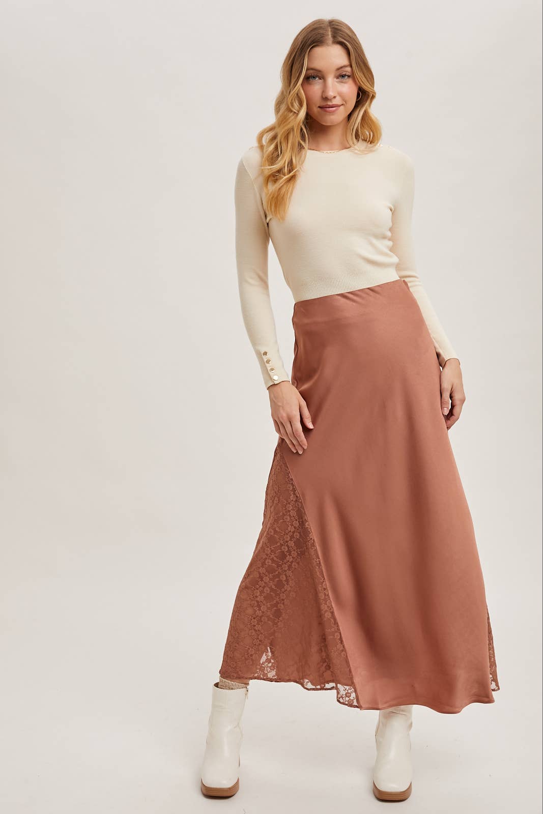 LACE TRIMMED MID-RISE SATIN MIDI SKIRT