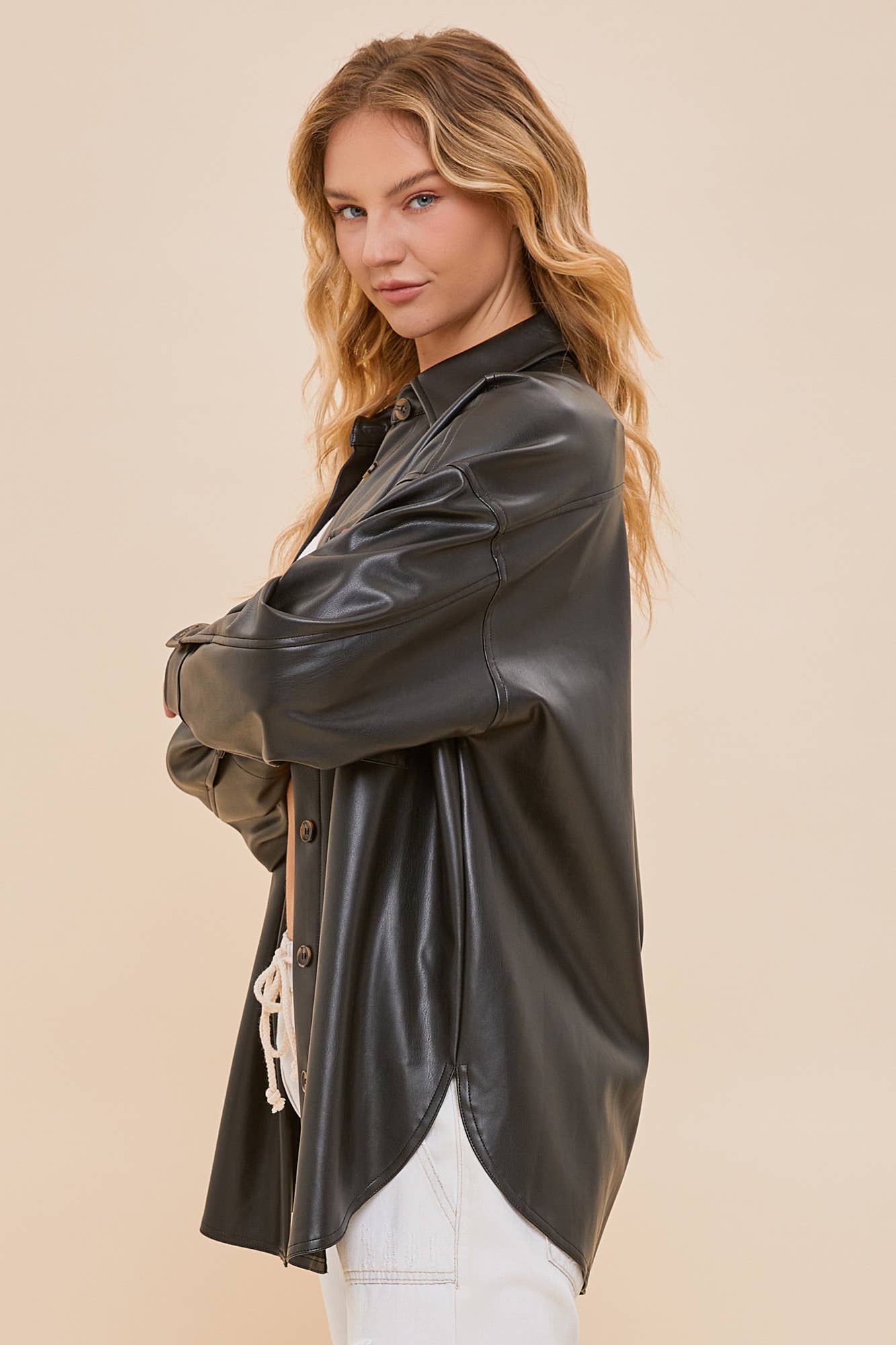 Leather Square Pocket Button Down Shirt Jacket