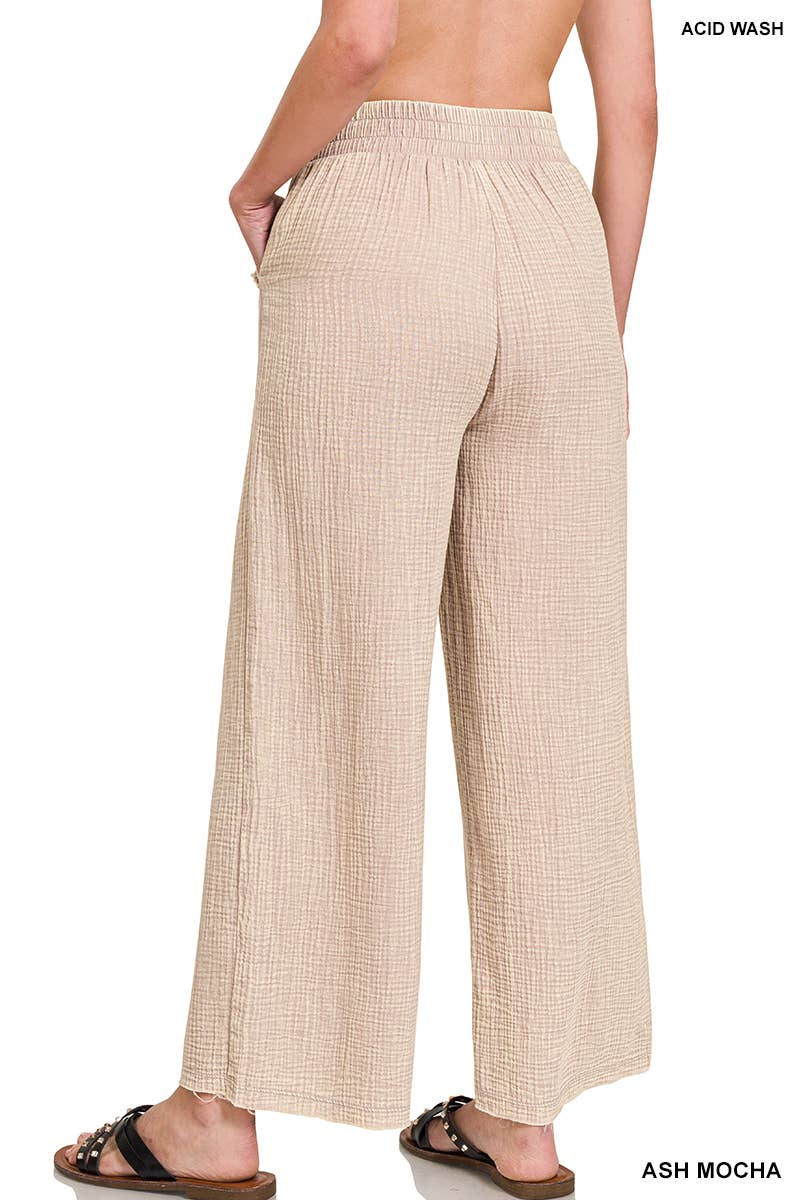 Sand Washed Double Gauze Elastic Band Waist Flow Pants