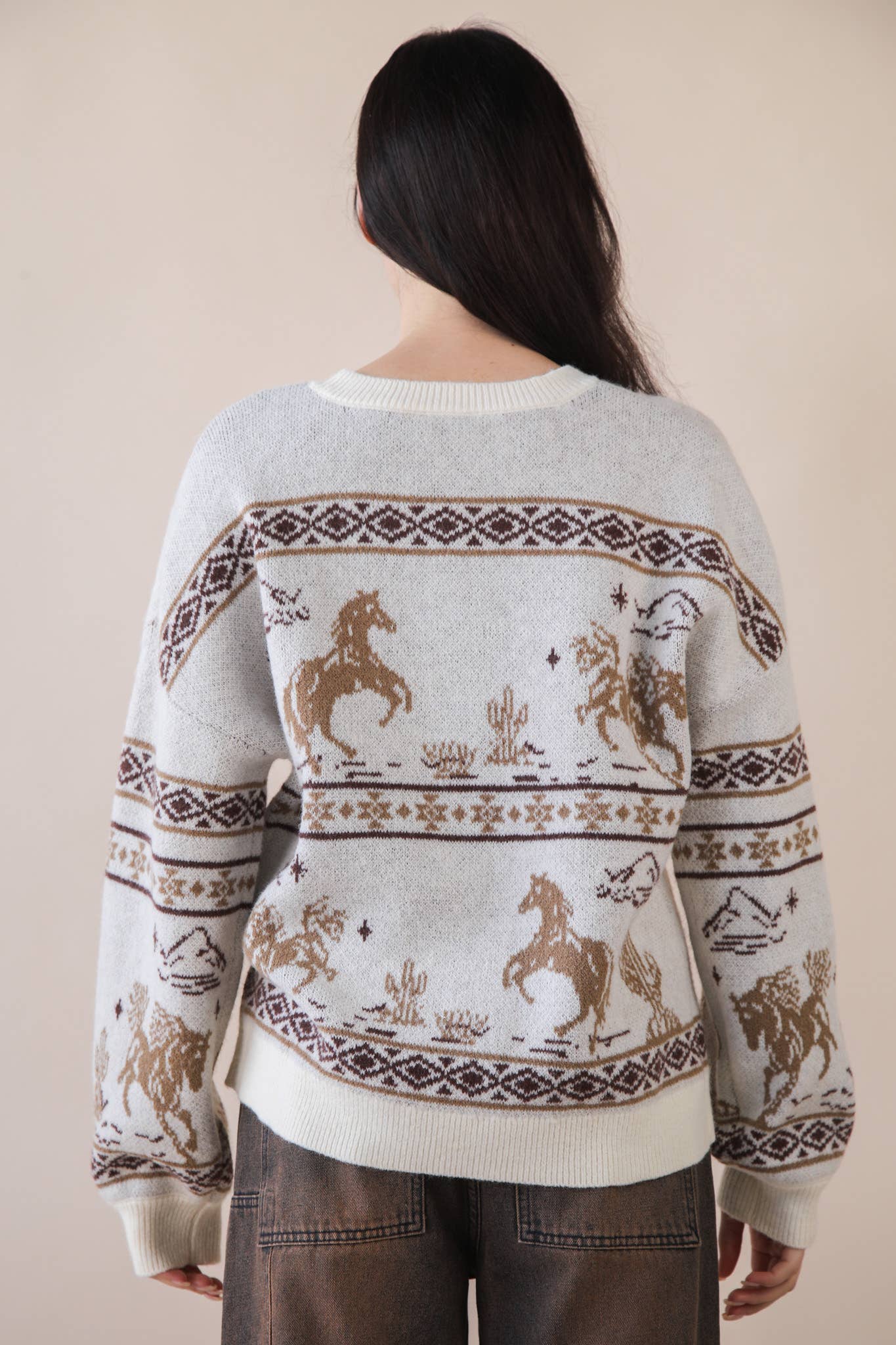 Oversized Western Horse Graphic Knit Sweater Top