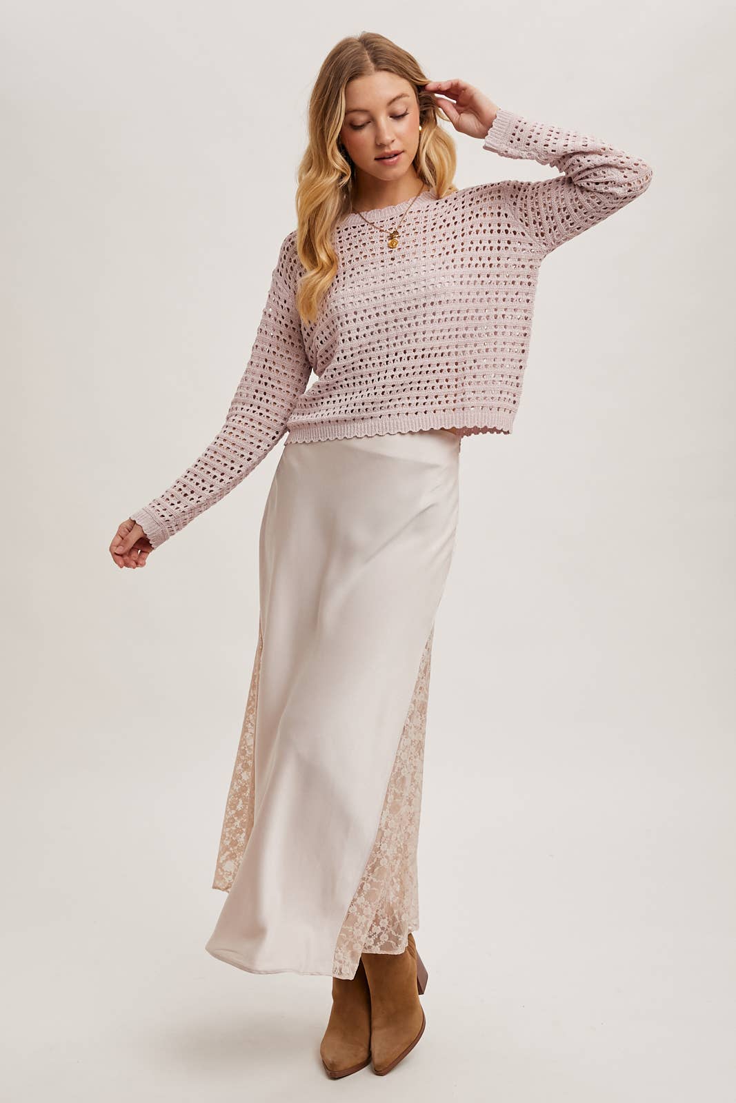 LACE TRIMMED MID-RISE SATIN MIDI SKIRT