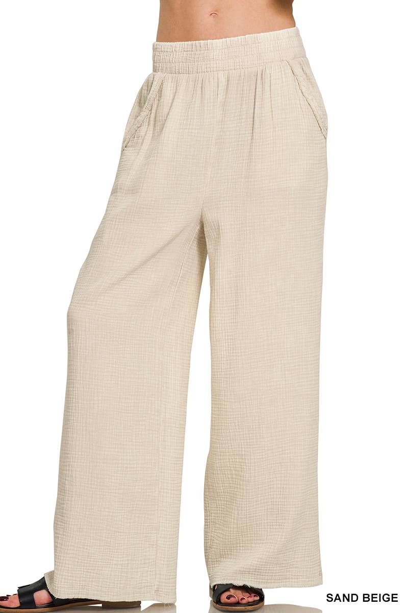 Sand Washed Double Gauze Elastic Band Waist Flow Pants