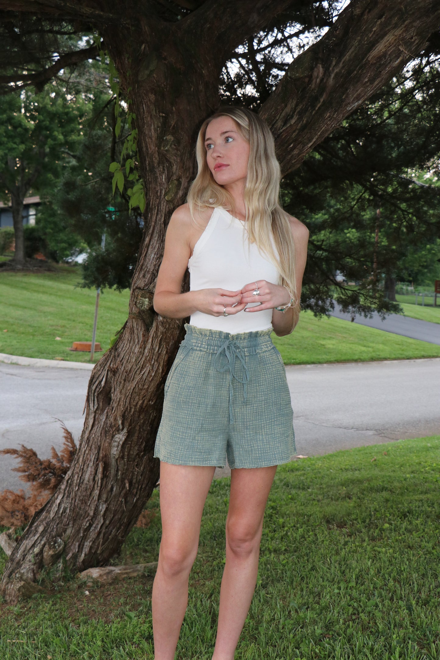 Green Washed Double Gauze Lightweight Drawstring Shorts