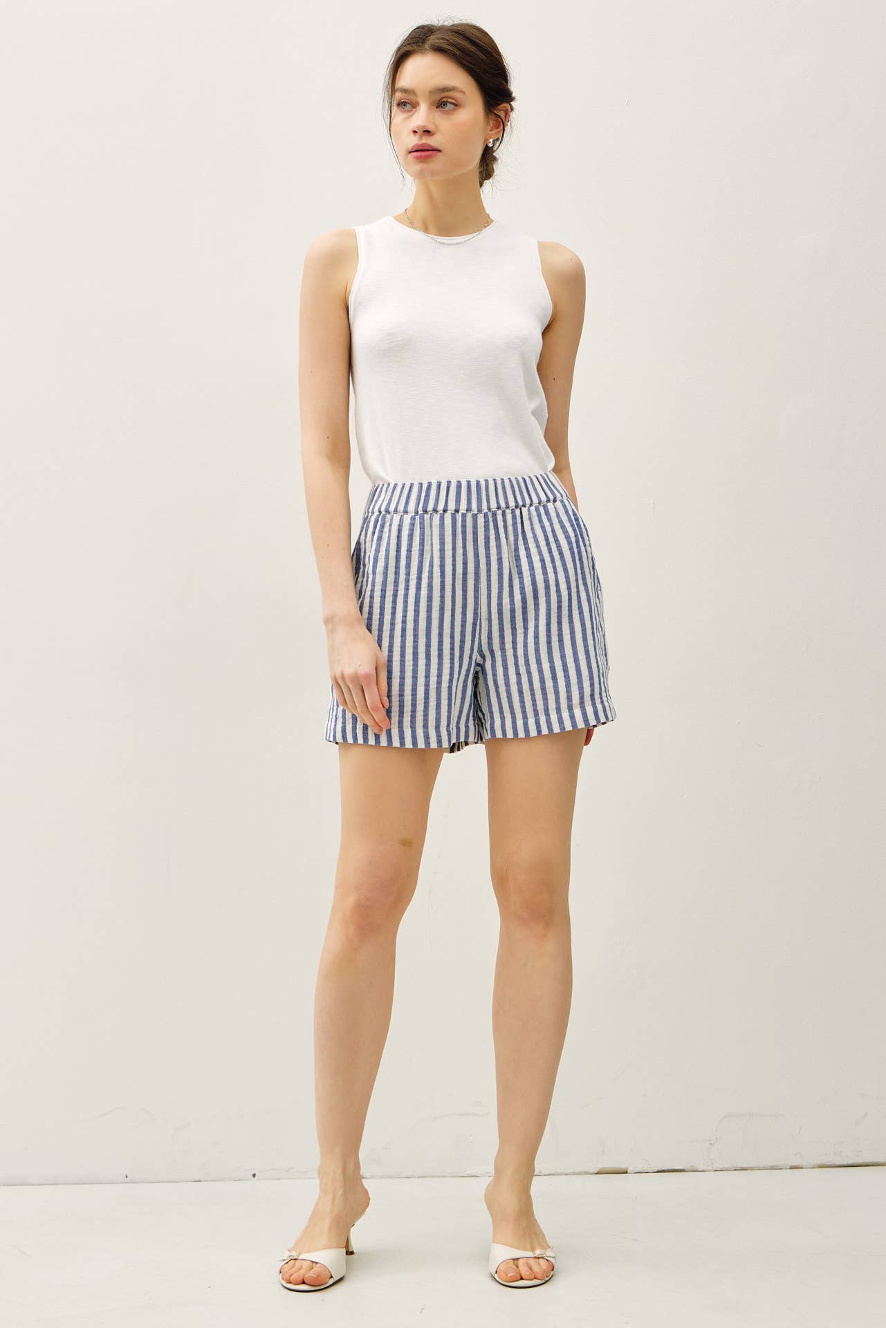 Blue and White Striped Cotton Gauze Summer Short