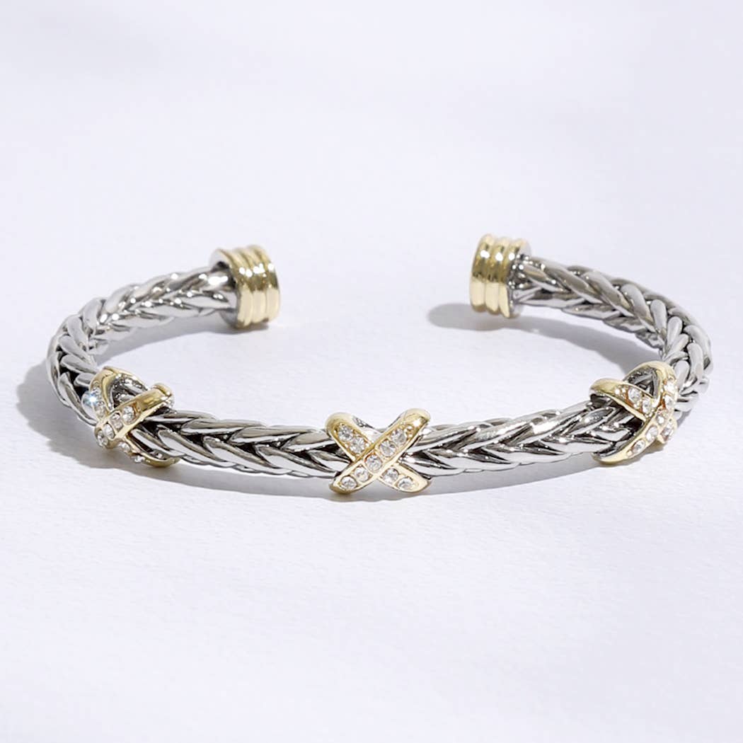 Three CZ X Stations Braided Bangle Bracelet