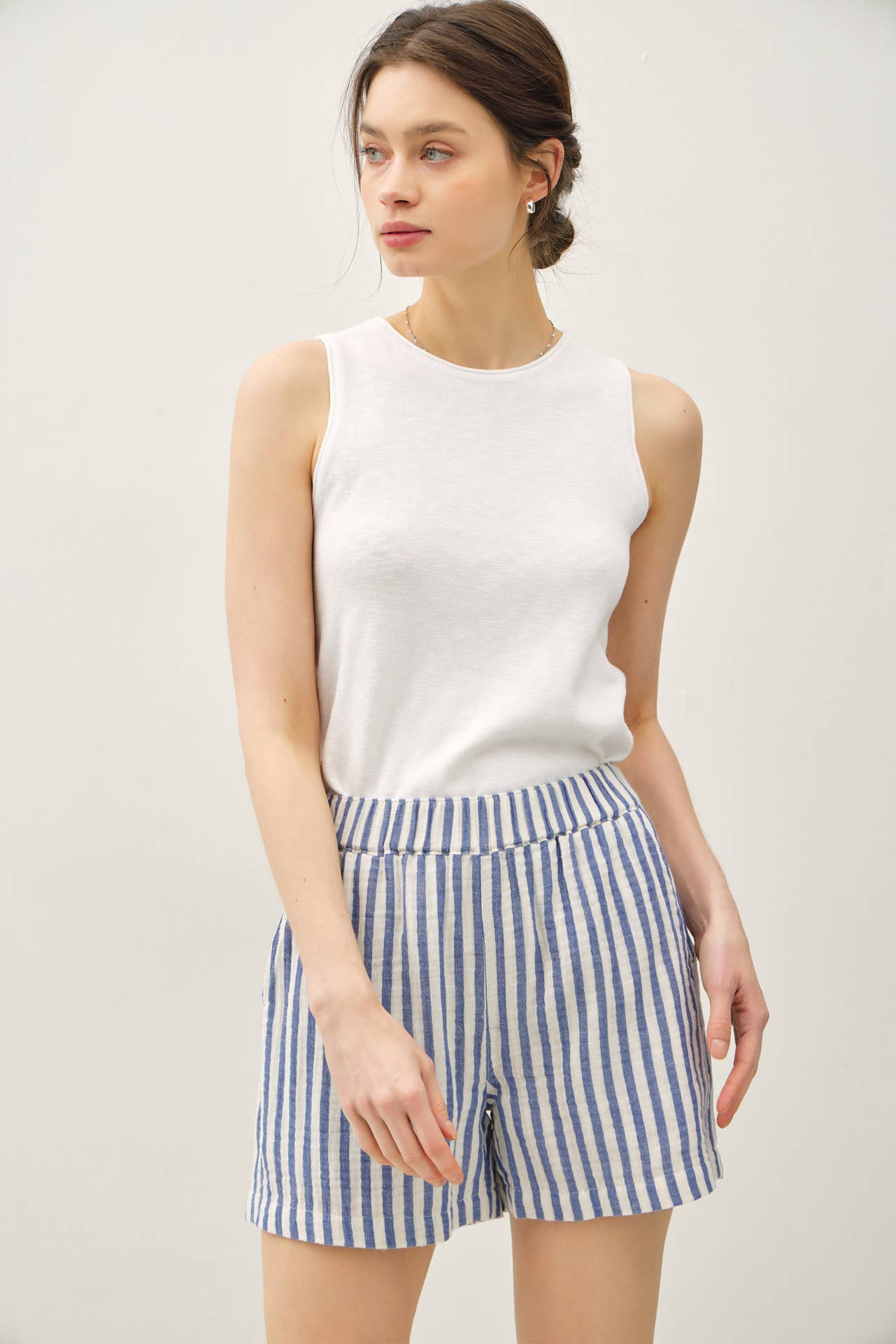 Blue and White Striped Cotton Gauze Summer Short