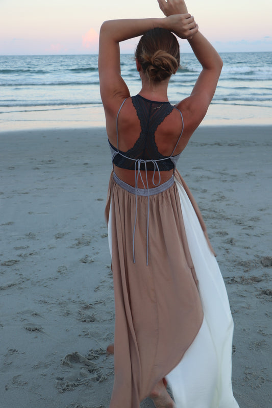 Madeline Open-Back Satin Colorblock Tulip Maxi Dress