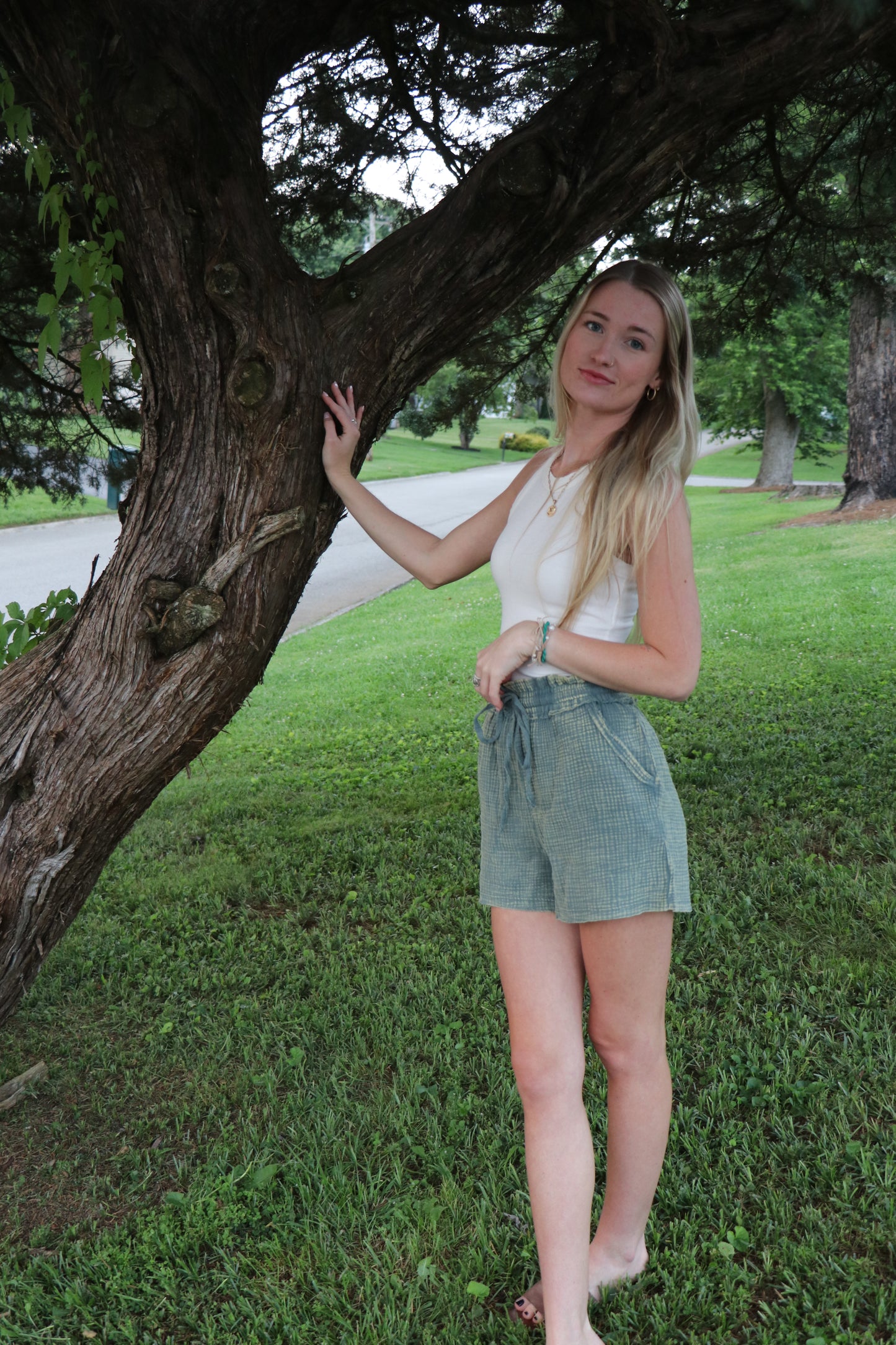 Green Washed Double Gauze Lightweight Drawstring Shorts