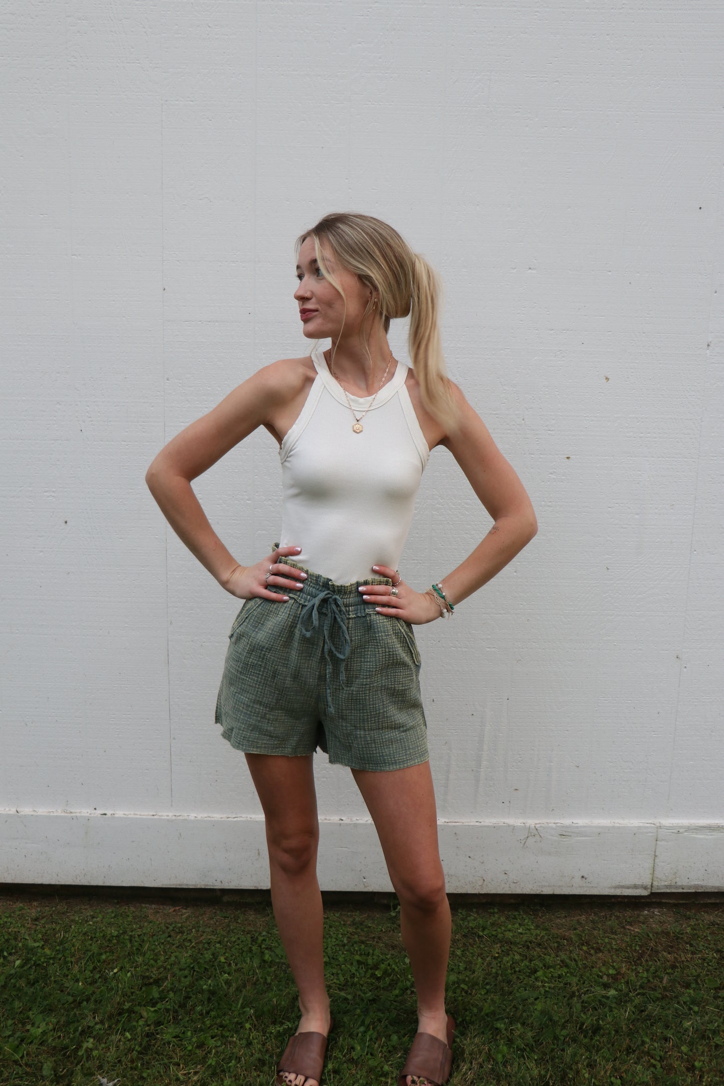 Green Washed Double Gauze Lightweight Drawstring Shorts