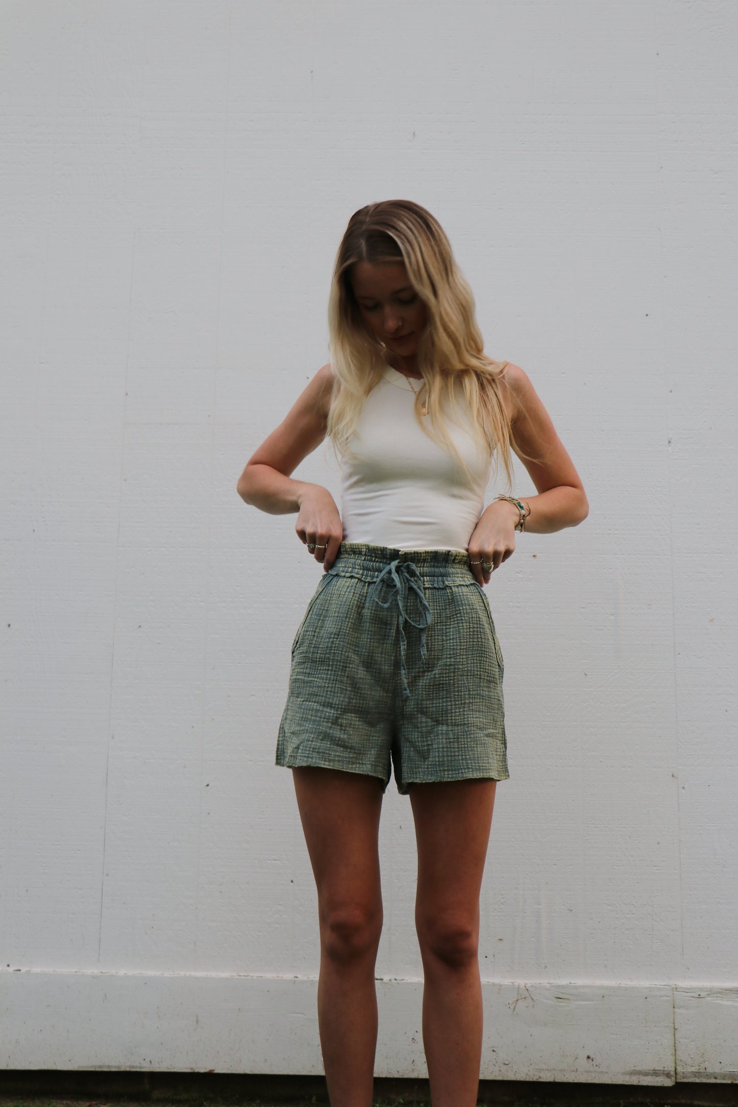 Green Washed Double Gauze Lightweight Drawstring Shorts