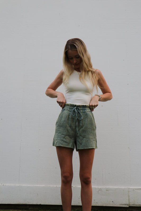 Green Washed Double Gauze Lightweight Drawstring Shorts